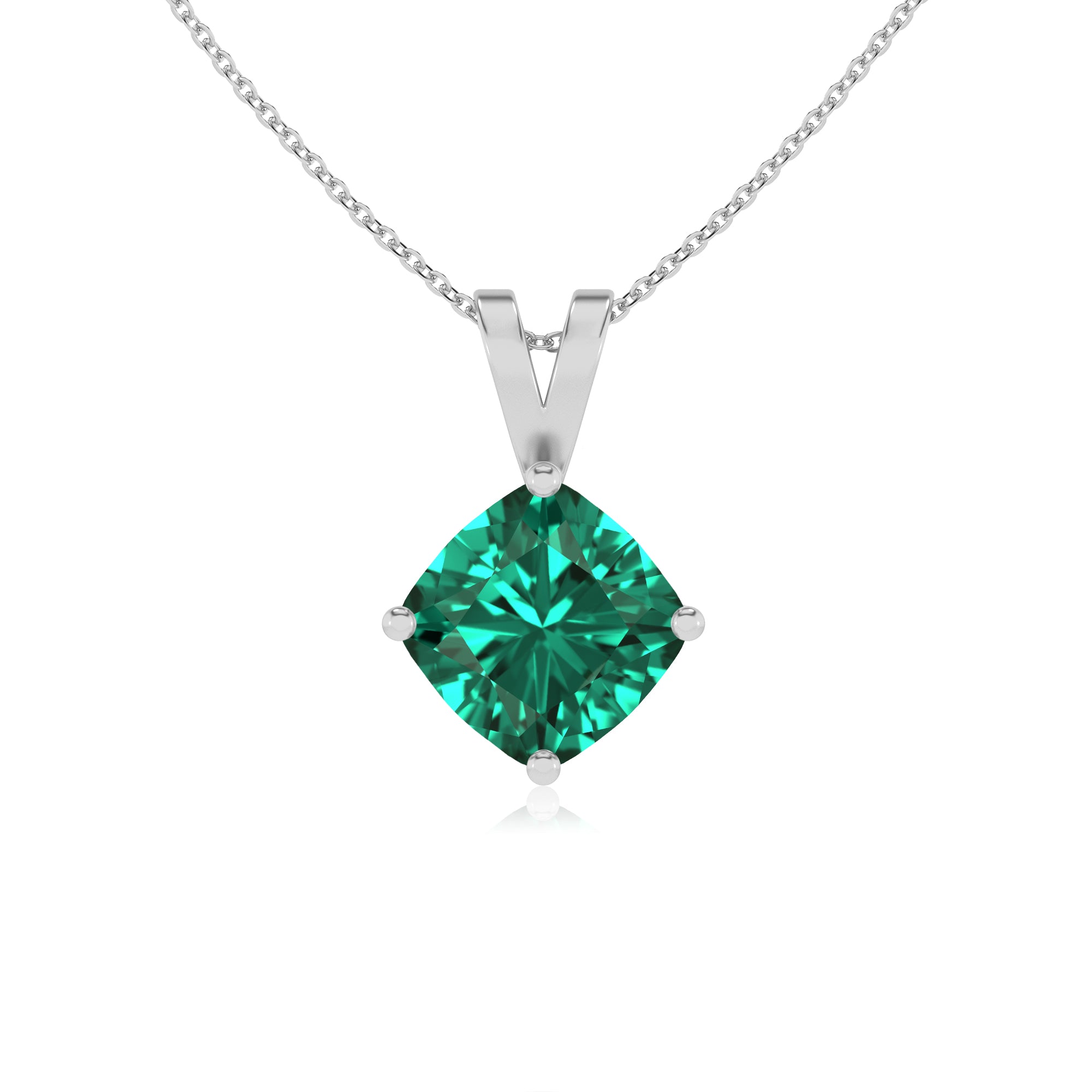 lab grown emerald cushion shape solitaire v-bale pendant necklace