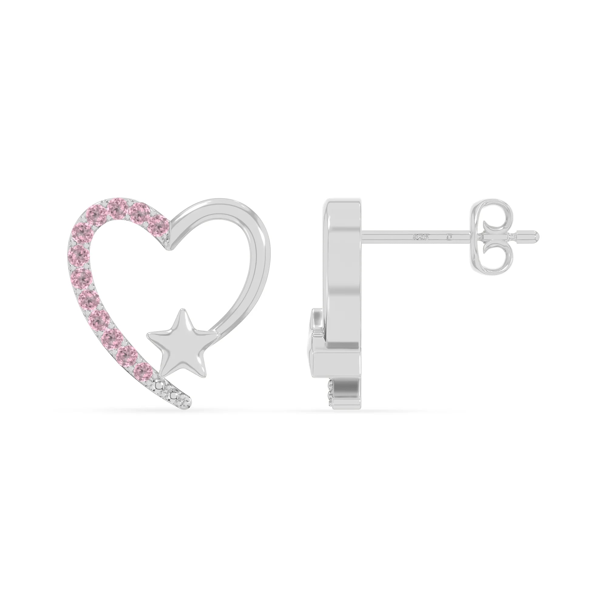 natural pink-tourmaline heart-star stud earrings in sterling silver 