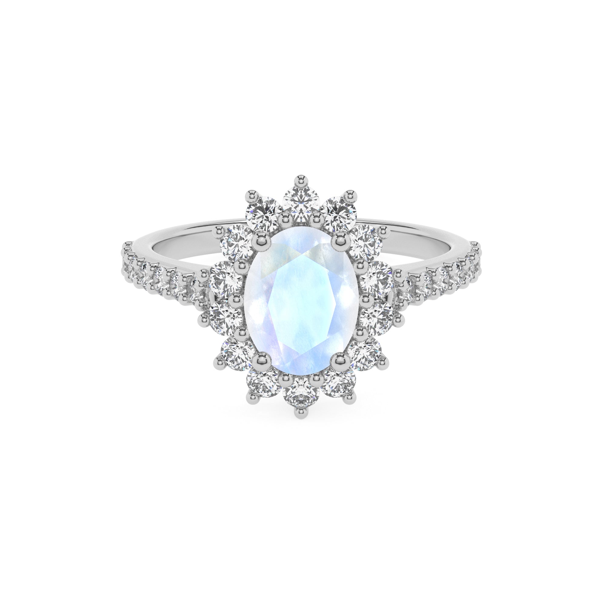 natural rainbow-moonstone oval half eterity halo solitaire engagement ring