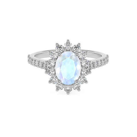 natural rainbow-moonstone oval half eterity halo solitaire engagement ring