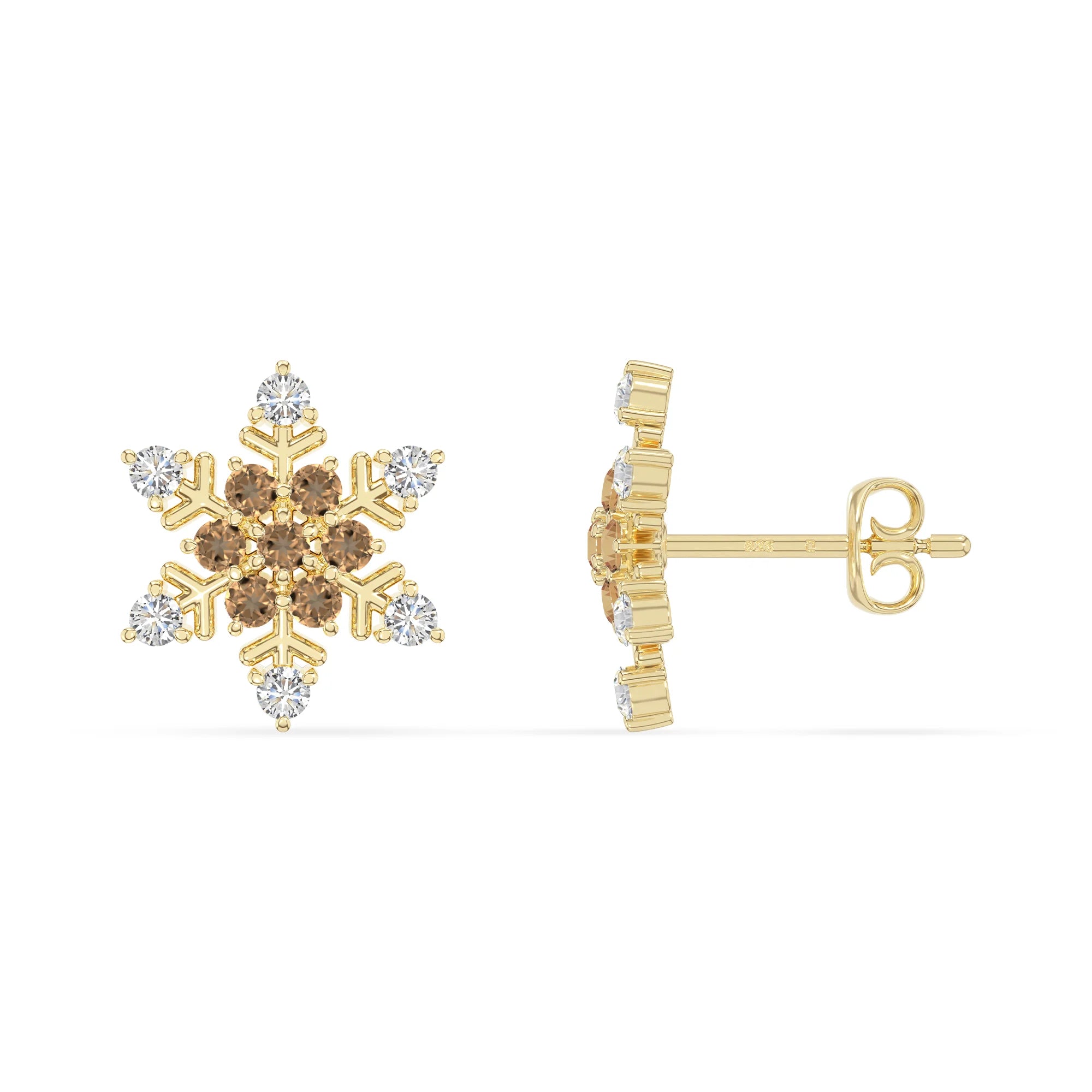 natural citrine snowflake stud earrings in yellow gold vermeil 