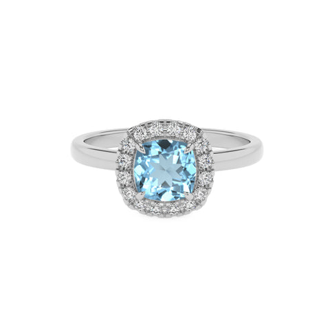 lab grown aquamarine cushion halo solitaire engagement ring