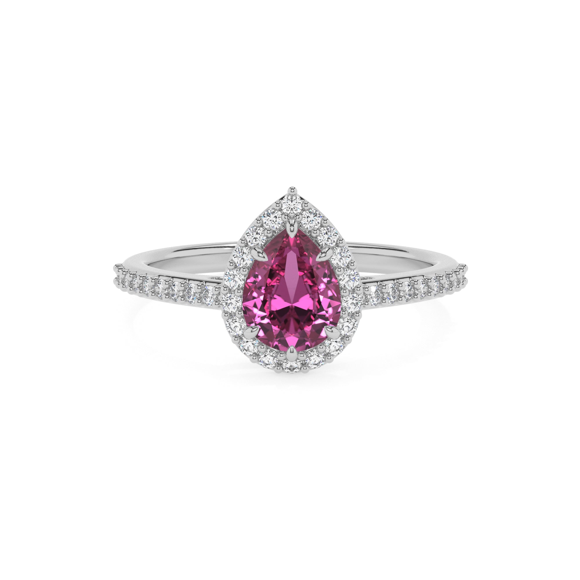 lab-grown pink-sapphire pear half eterity halo solitaire engagement ring