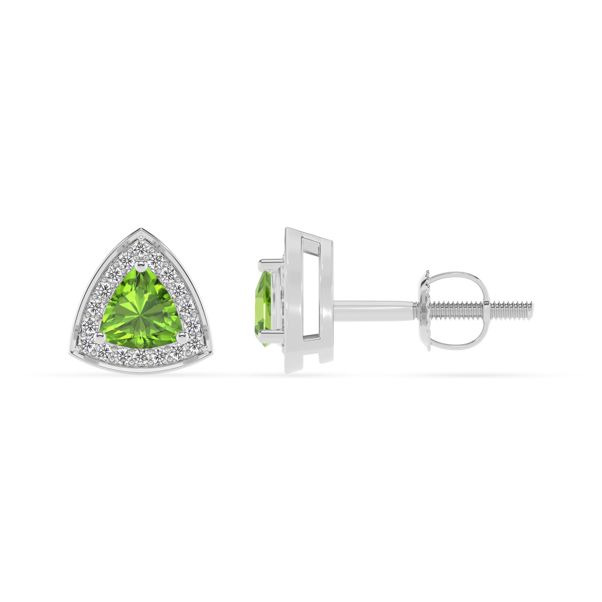 natural peridot trillion stud earrings with moissanite 