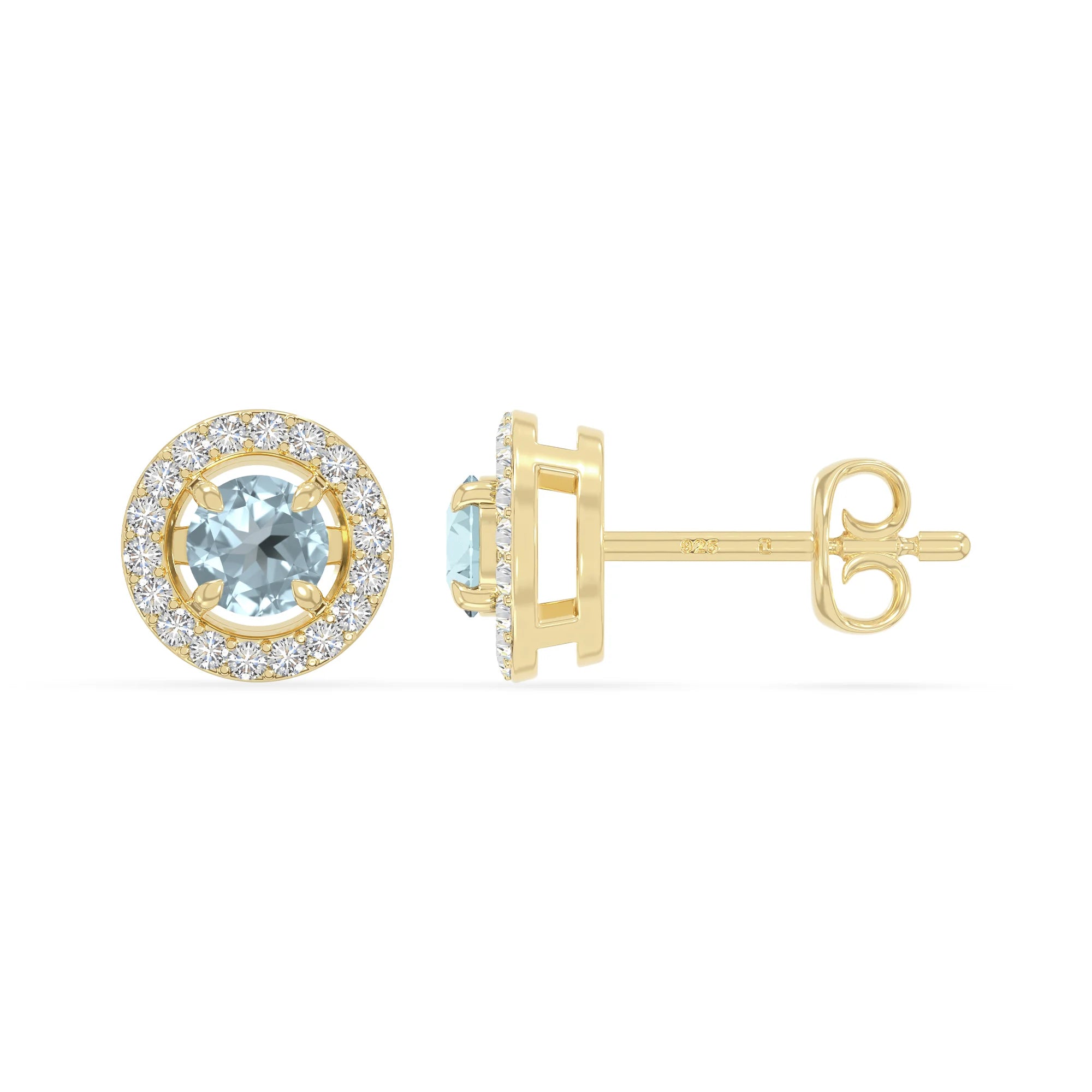 natural aquamarine halo stud earrings in yellow gold vermeil 