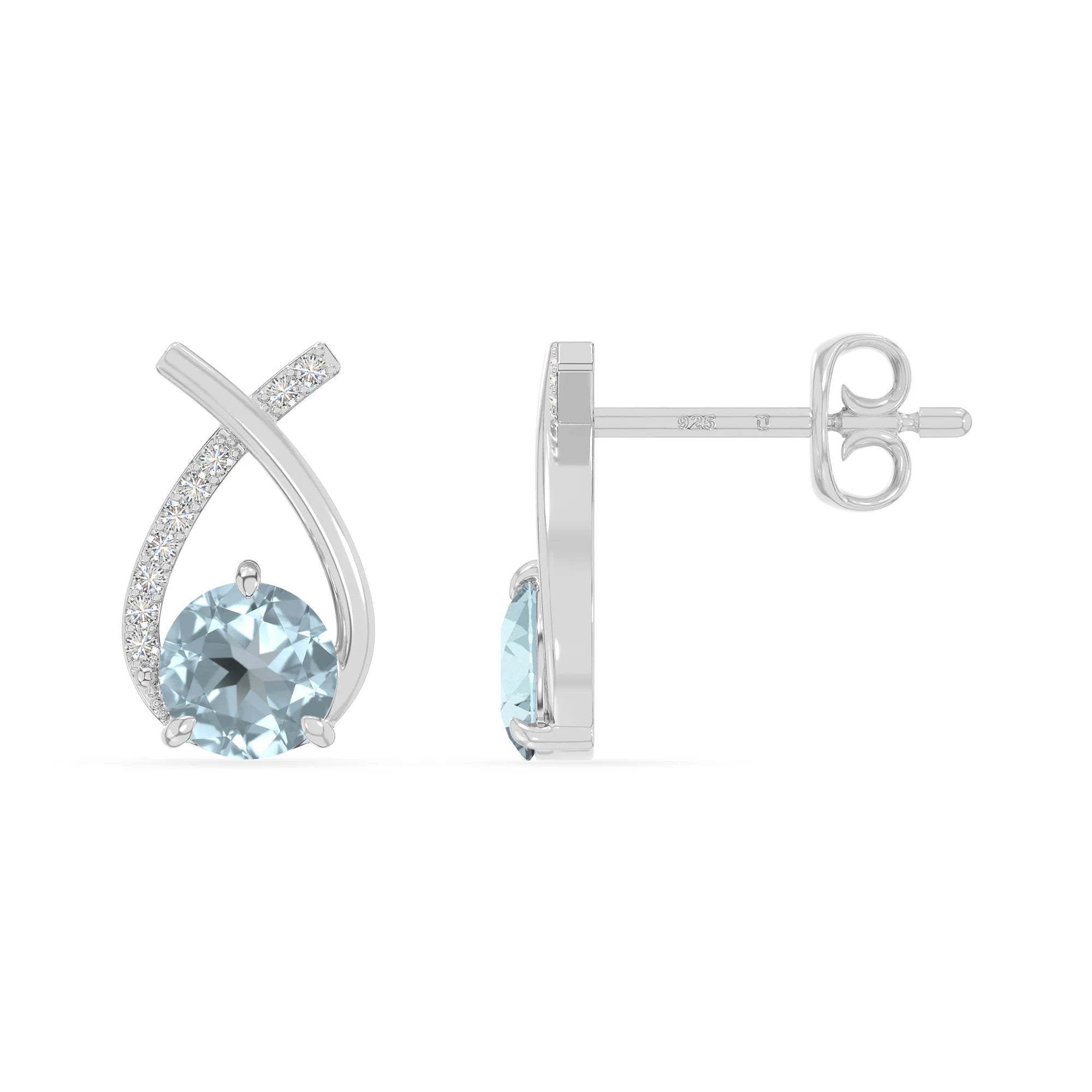 natural aquamarine fishtail stud earrings in sterling silver 