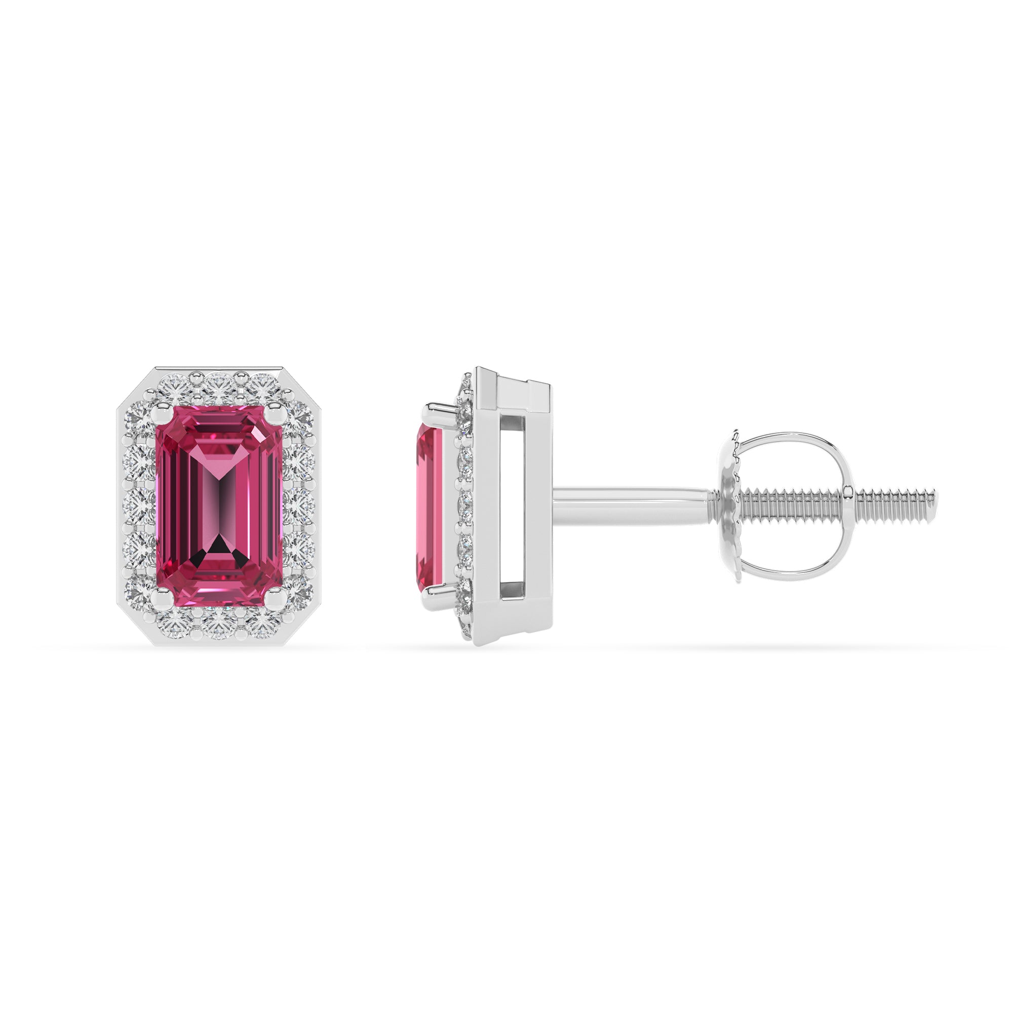 natural pink tourmaline emerald cut stud earrings with moissanite 