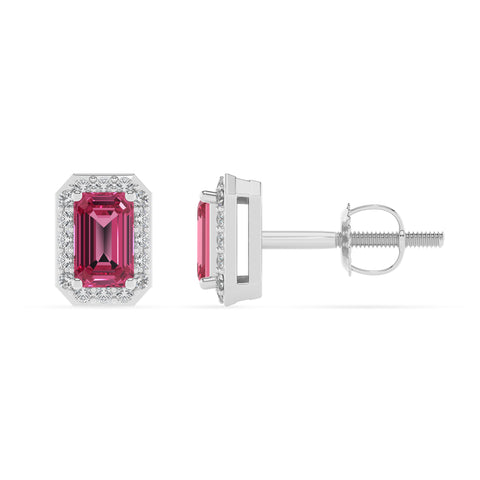 natural pink tourmaline emerald cut stud earrings with moissanite 