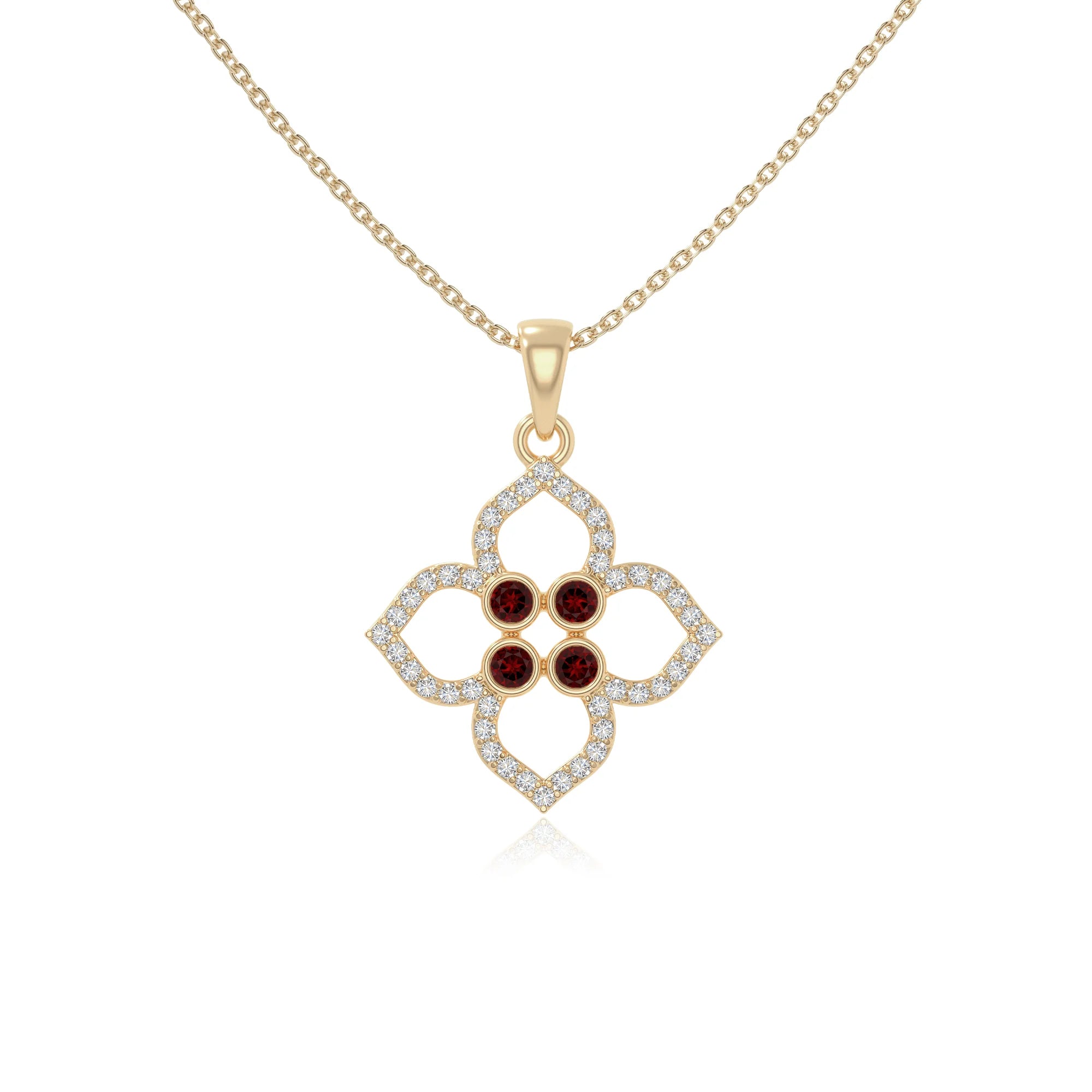 natural garnet 4 petal flower necklaces in yellow gold vermeil 