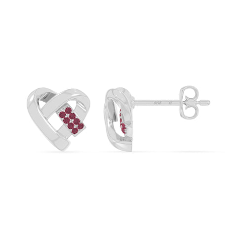 natural ruby ribbon-heart stud earrings in sterling silver 