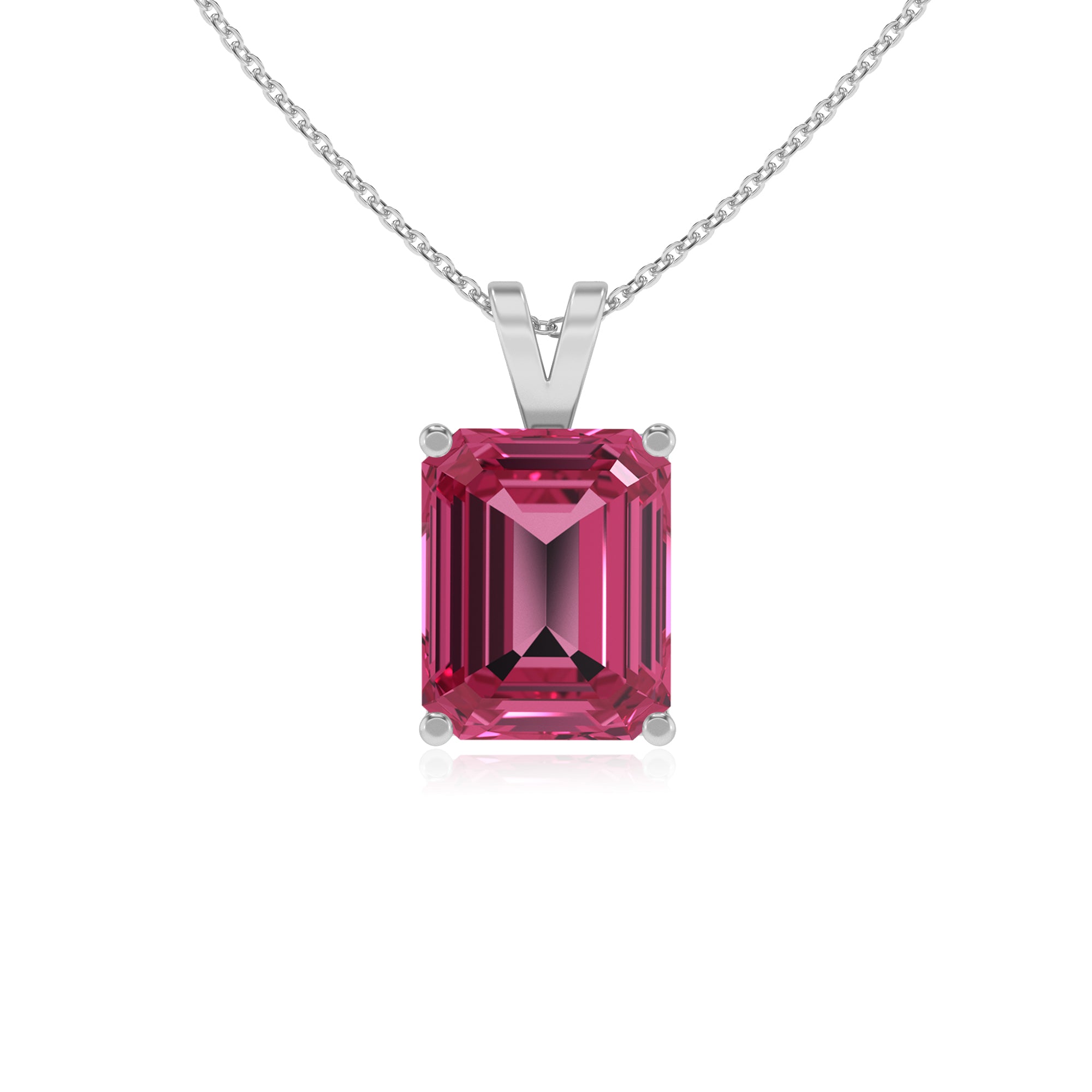 natural pink-tourmaline emerald-cut shape solitaire v-bale pendant necklace