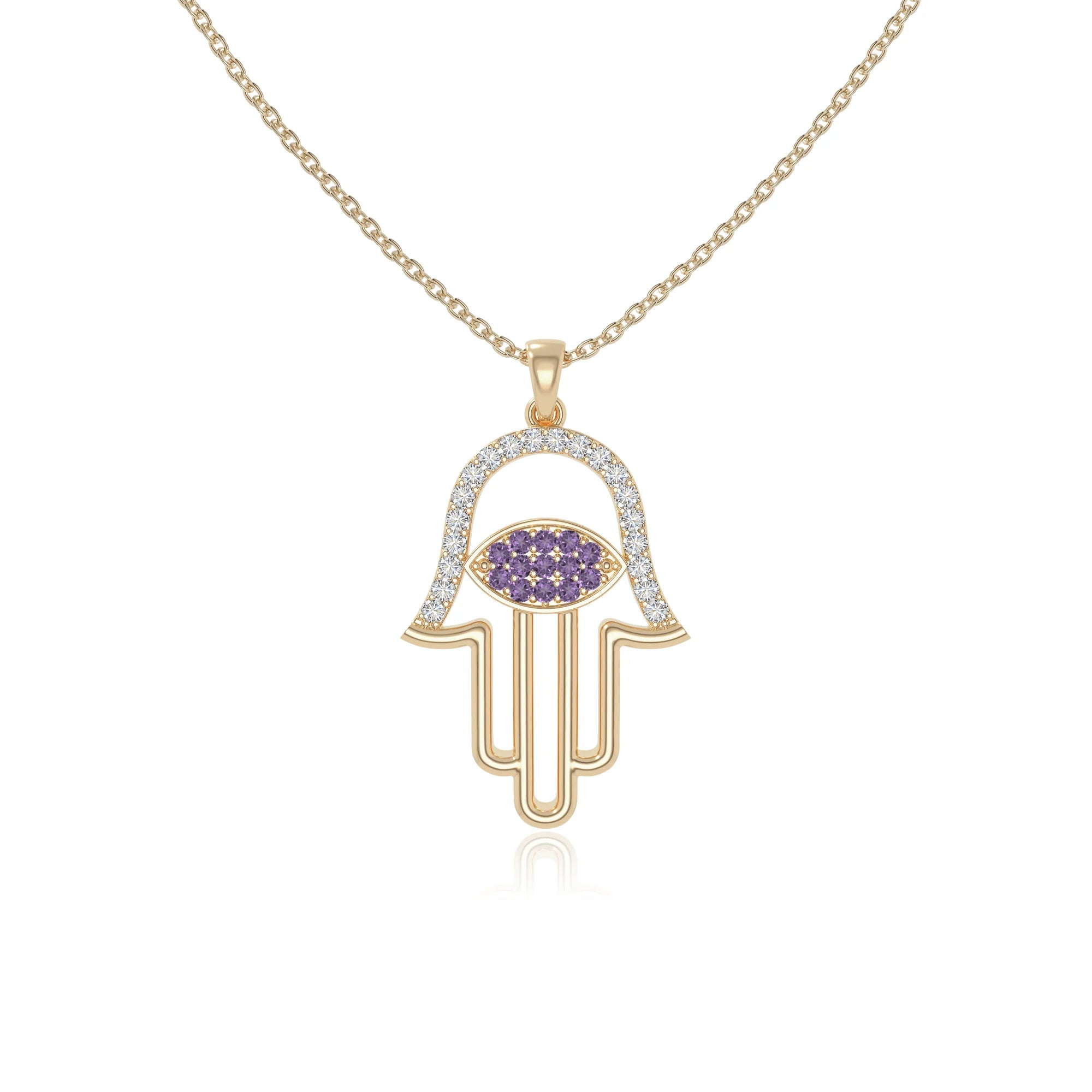 natural amethyst evil eye hamsa hand necklaces in yellow gold vermeil 