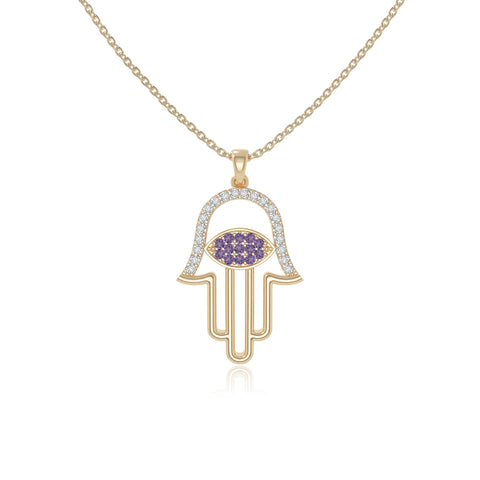 natural amethyst evil eye hamsa hand necklaces in yellow gold vermeil 