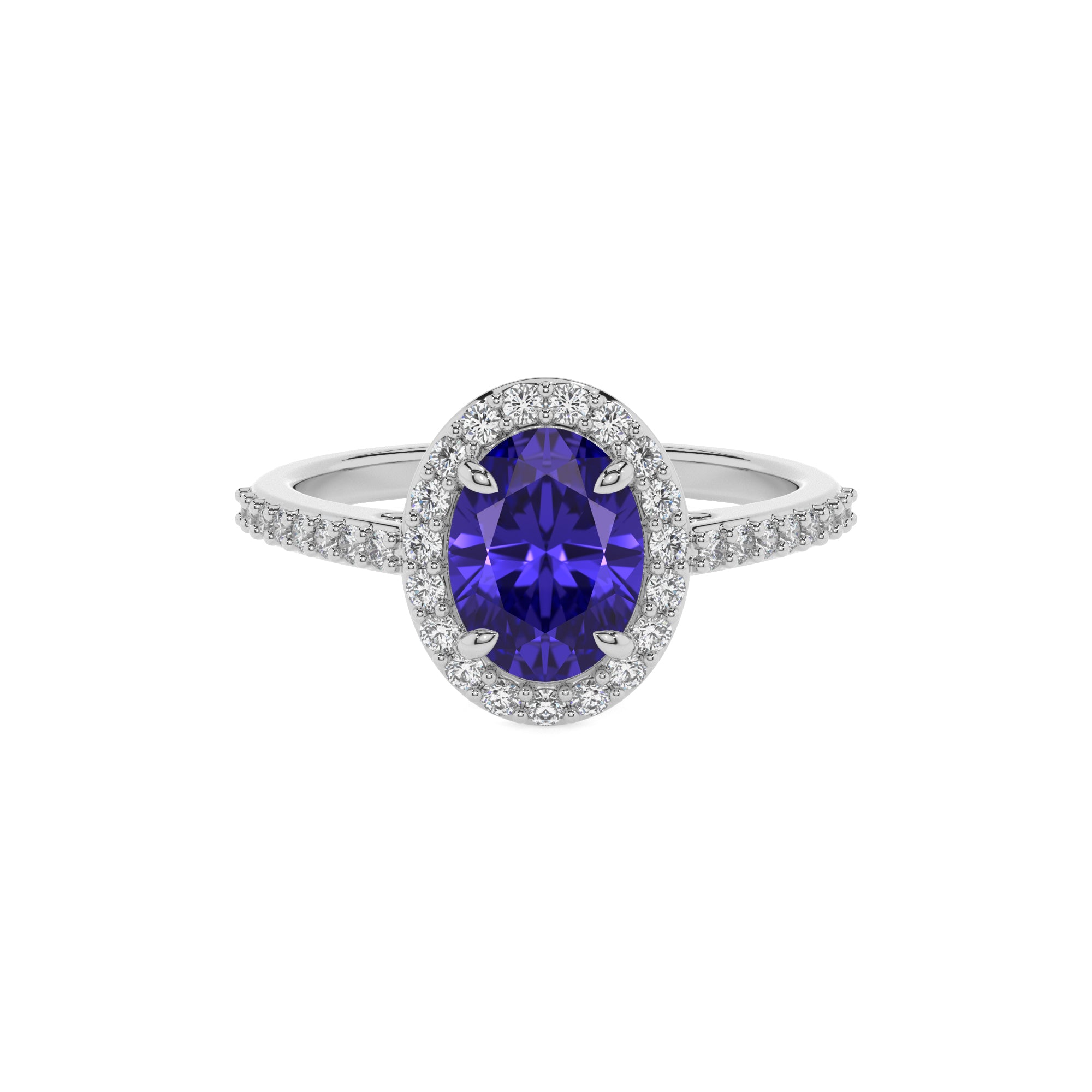 lab-grown tanzanite oval half eterity halo solitaire engagement ring