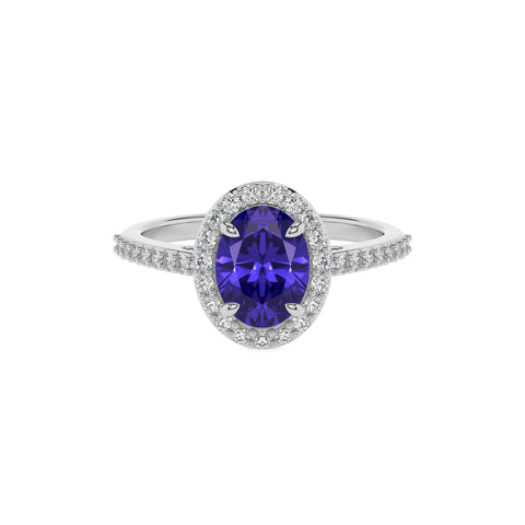 lab-grown tanzanite oval half eterity halo solitaire engagement ring