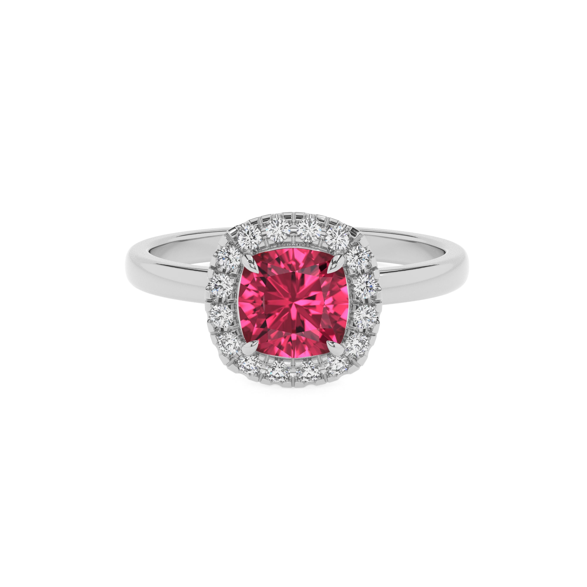 lab-grown pink-tourmaline cushion halo solitaire engagement ring