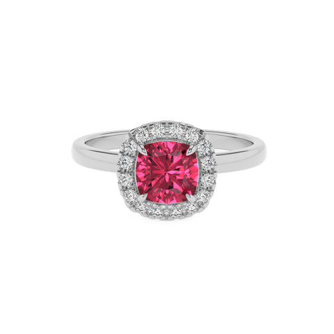 lab-grown pink-tourmaline cushion halo solitaire engagement ring