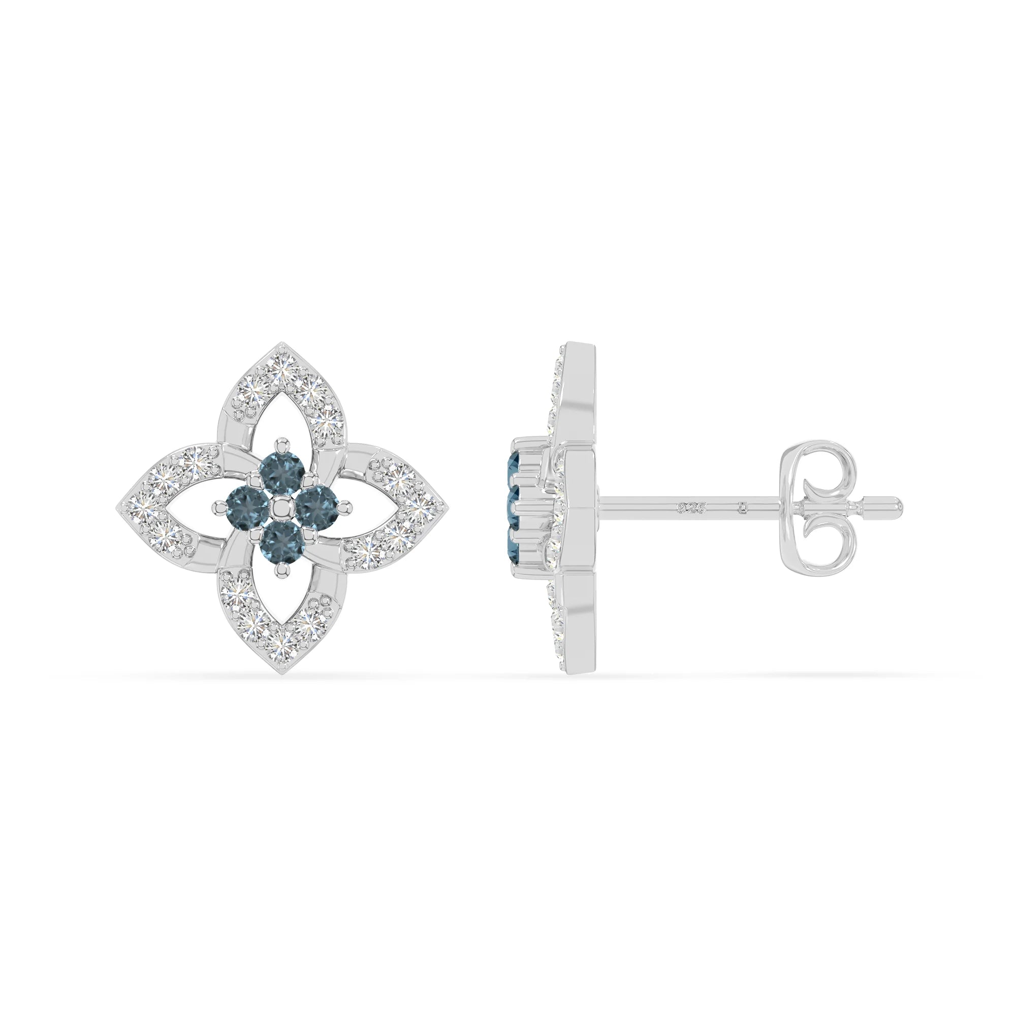 natural london-blue-topaz 4 petal flower stud earrings in sterling silver 