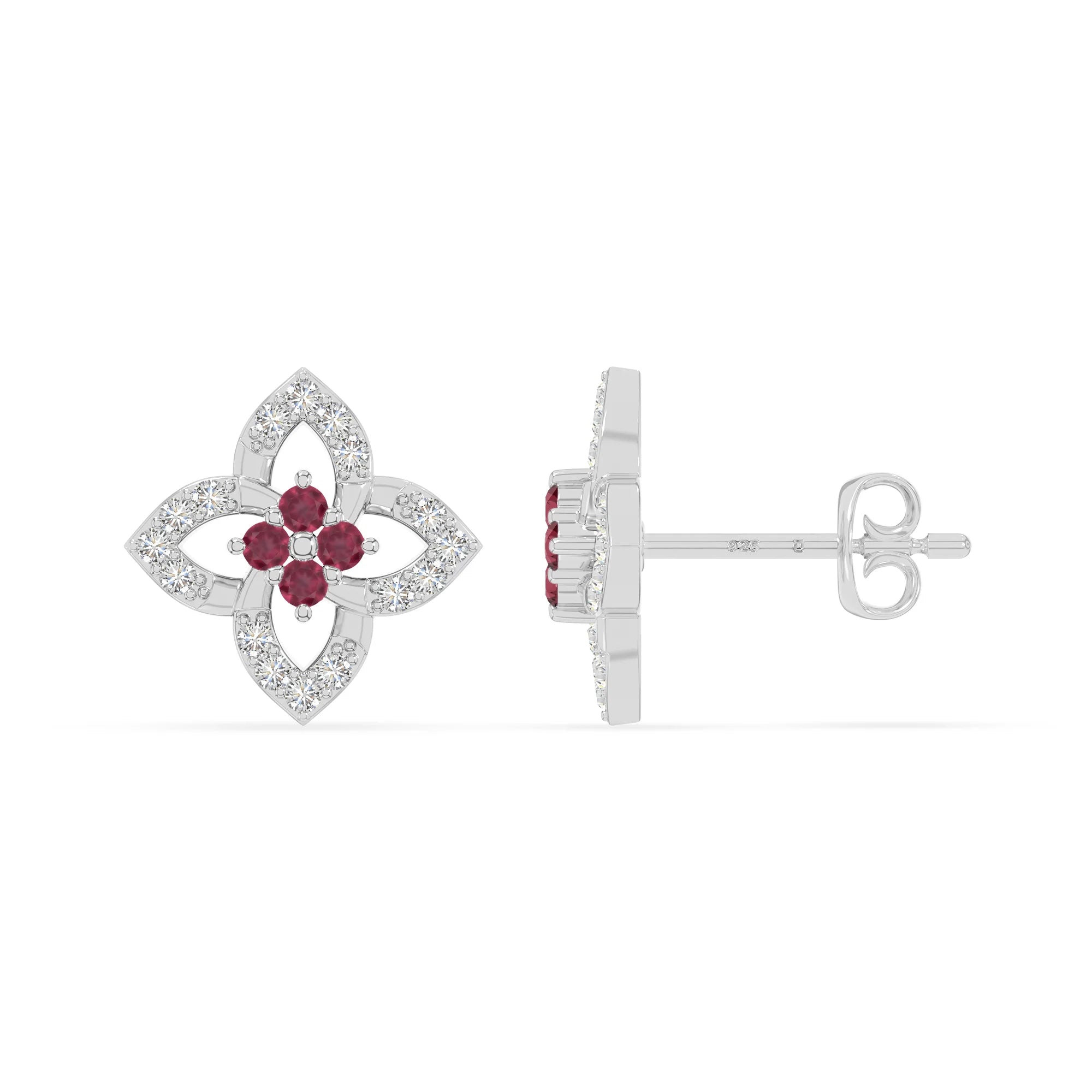 natural ruby 4 petal flower stud earrings in sterling silver 