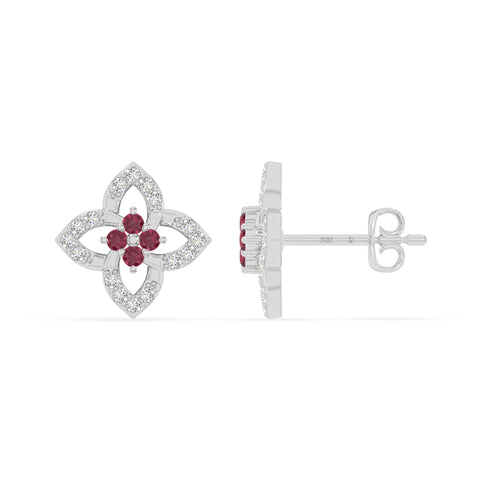 natural ruby 4 petal flower stud earrings in sterling silver 