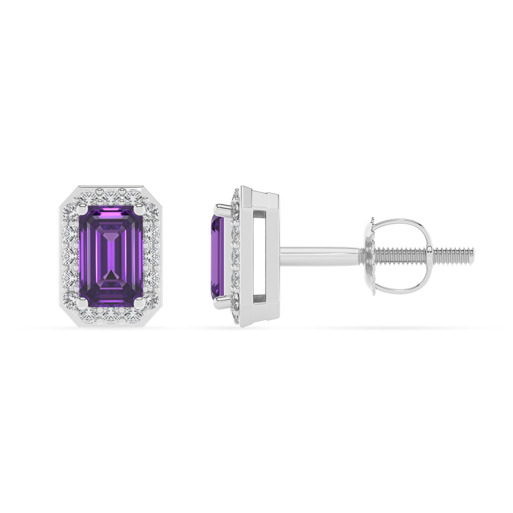 lab grown amethyst emerald cut stud earrings with moissanite 