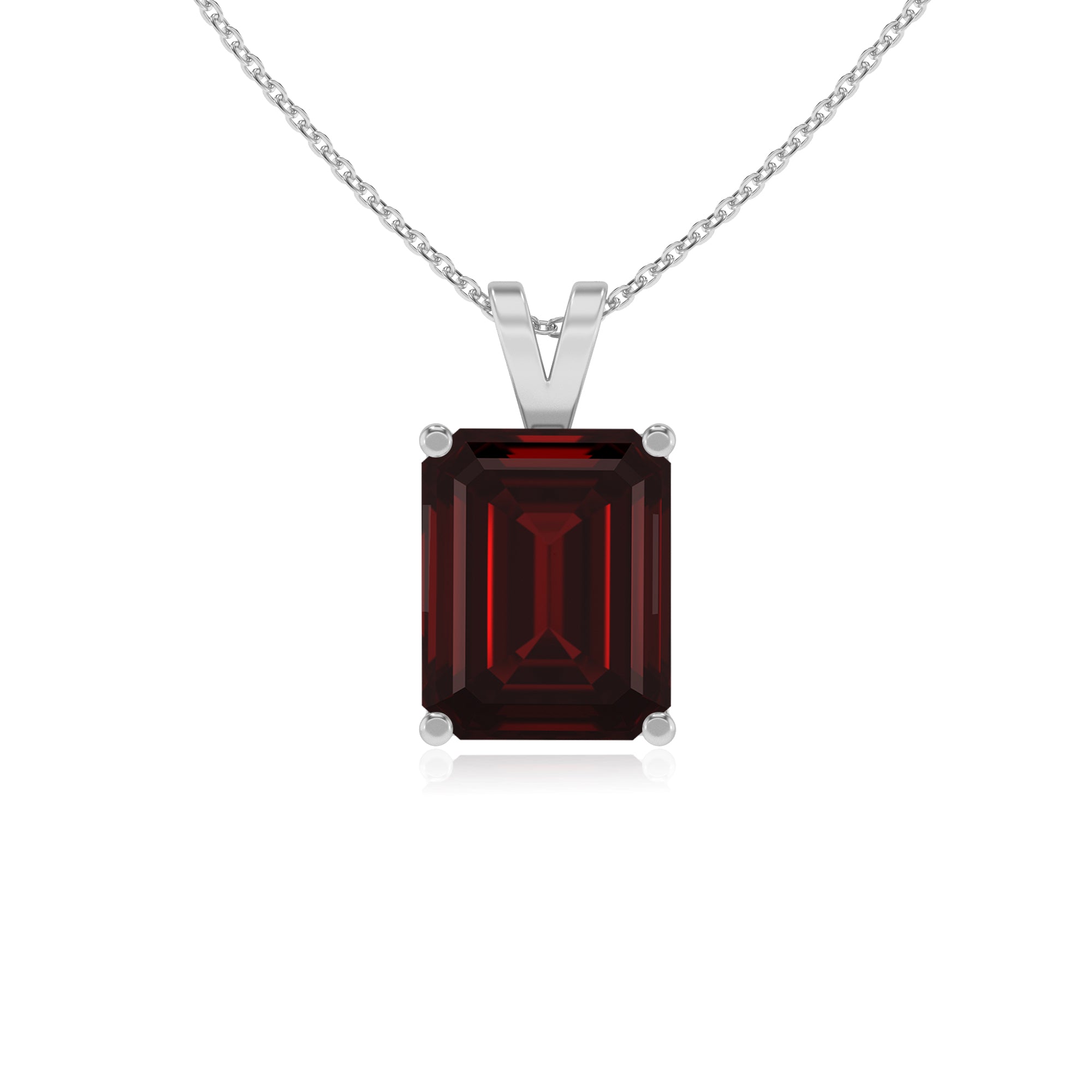 natural garnet emerald-cut shape solitaire v-bale pendant necklace