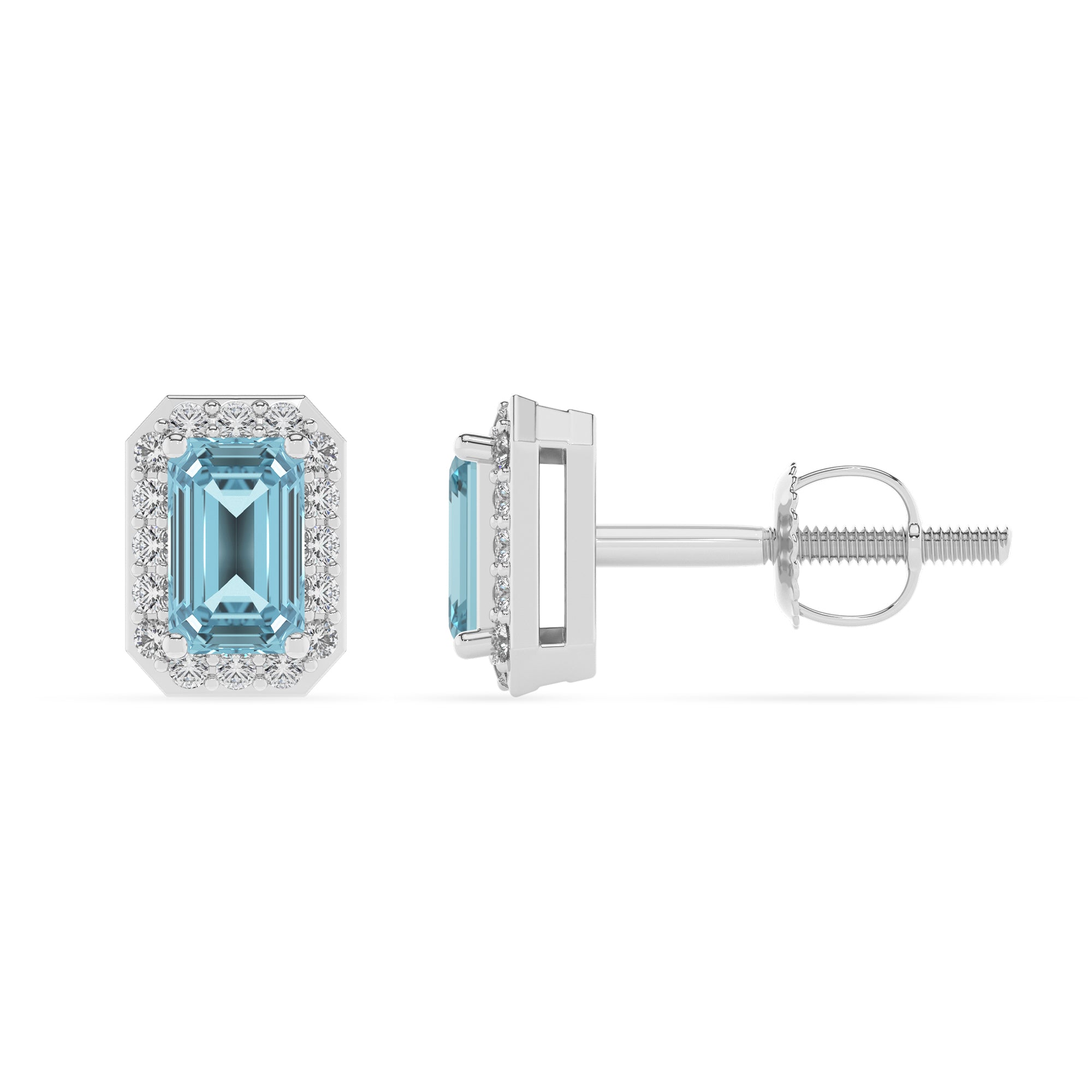 lab grown aquamarine emerald cut stud earrings with moissanite 