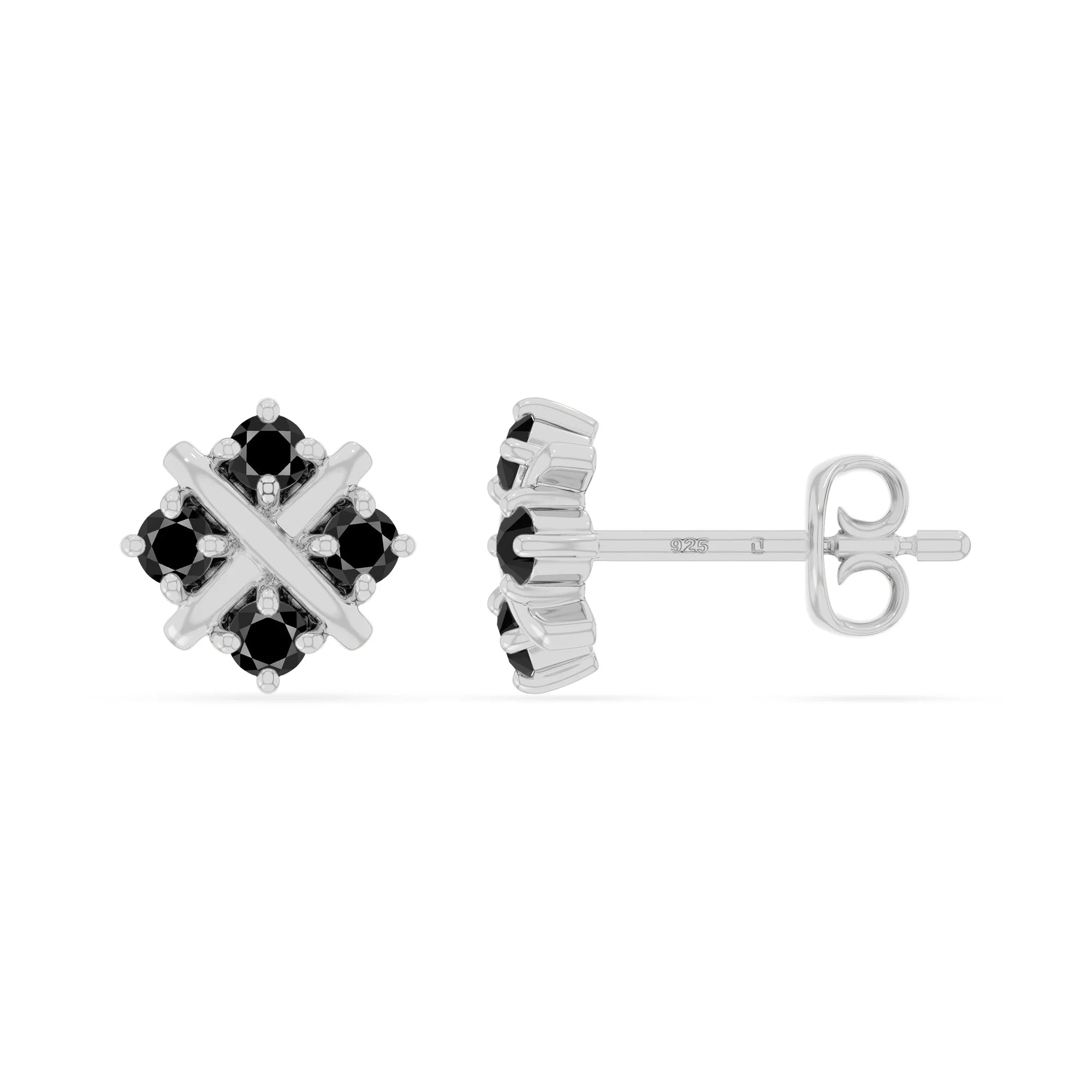 natural black-onyx flower stud earrings in sterling silver 