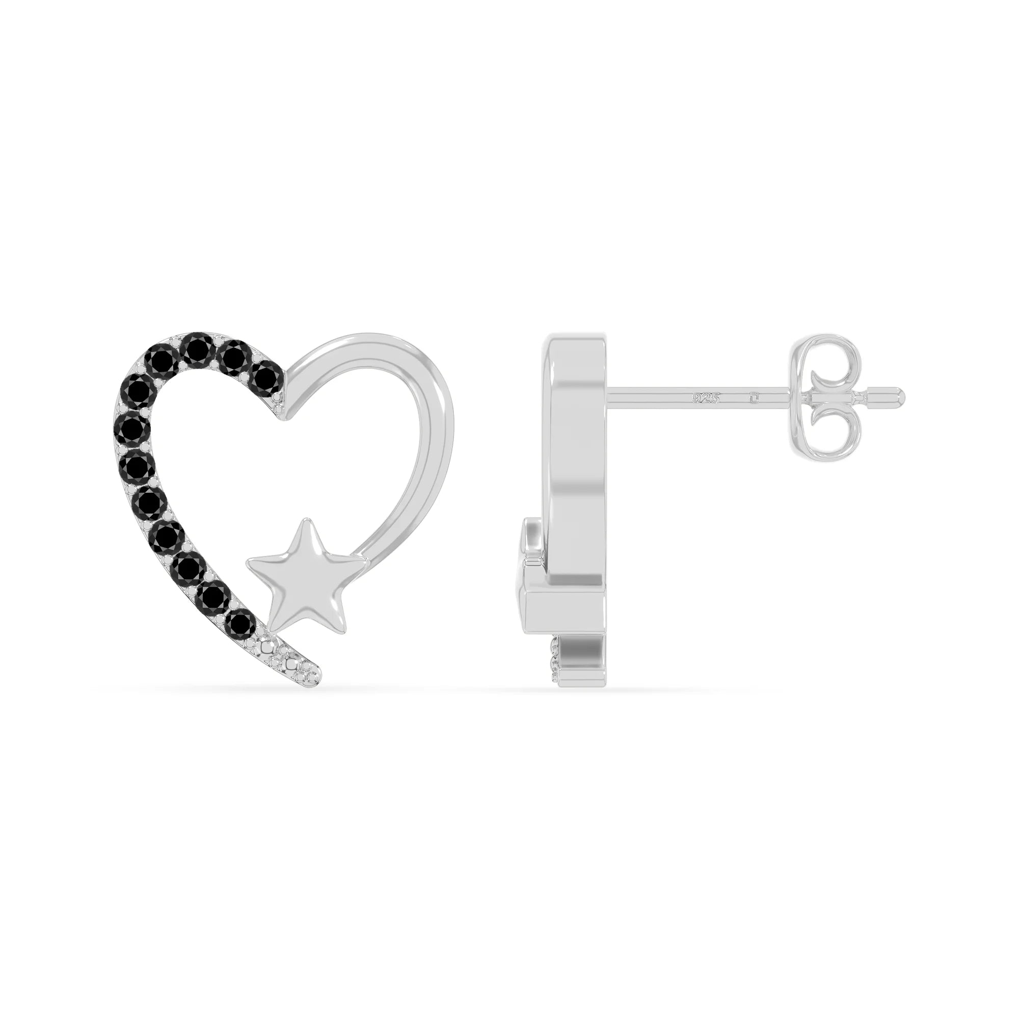 natural black-onyx heart-star stud earrings in sterling silver 