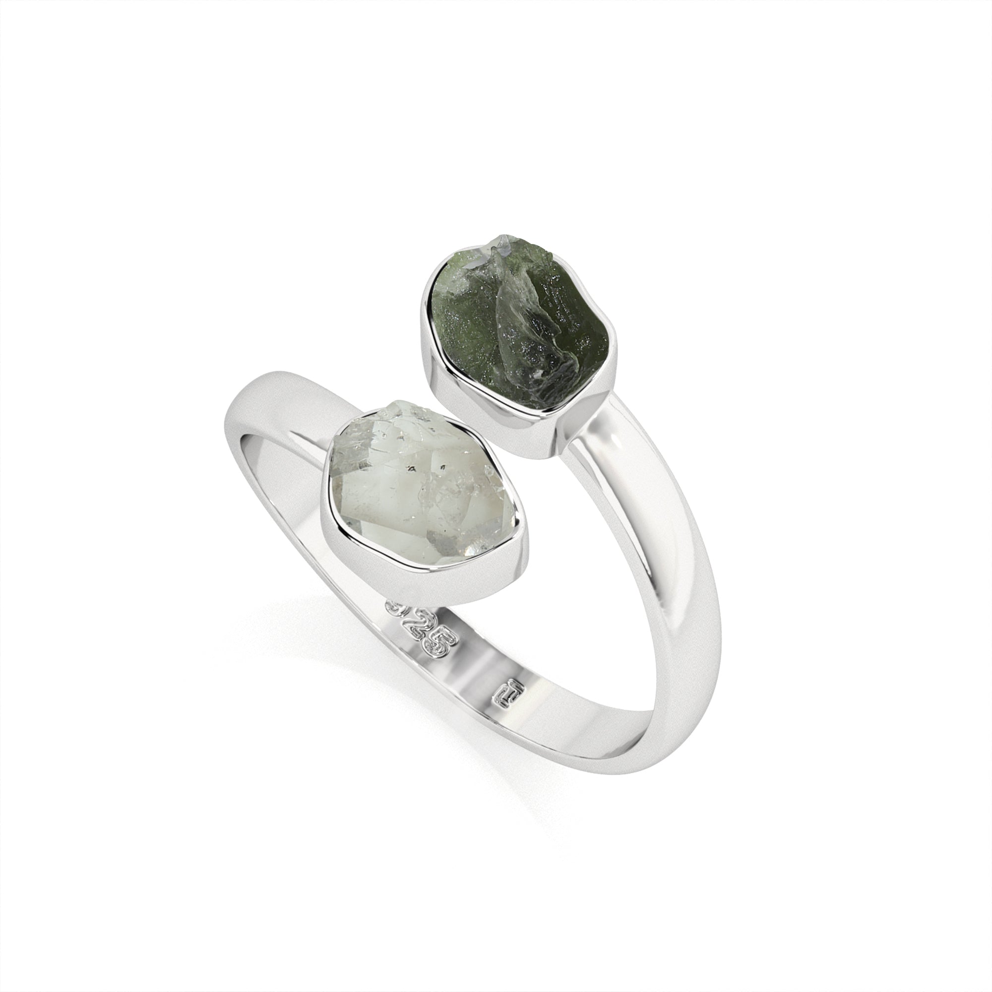 herkimer-moldavite rough shape stackable bezel-set ring