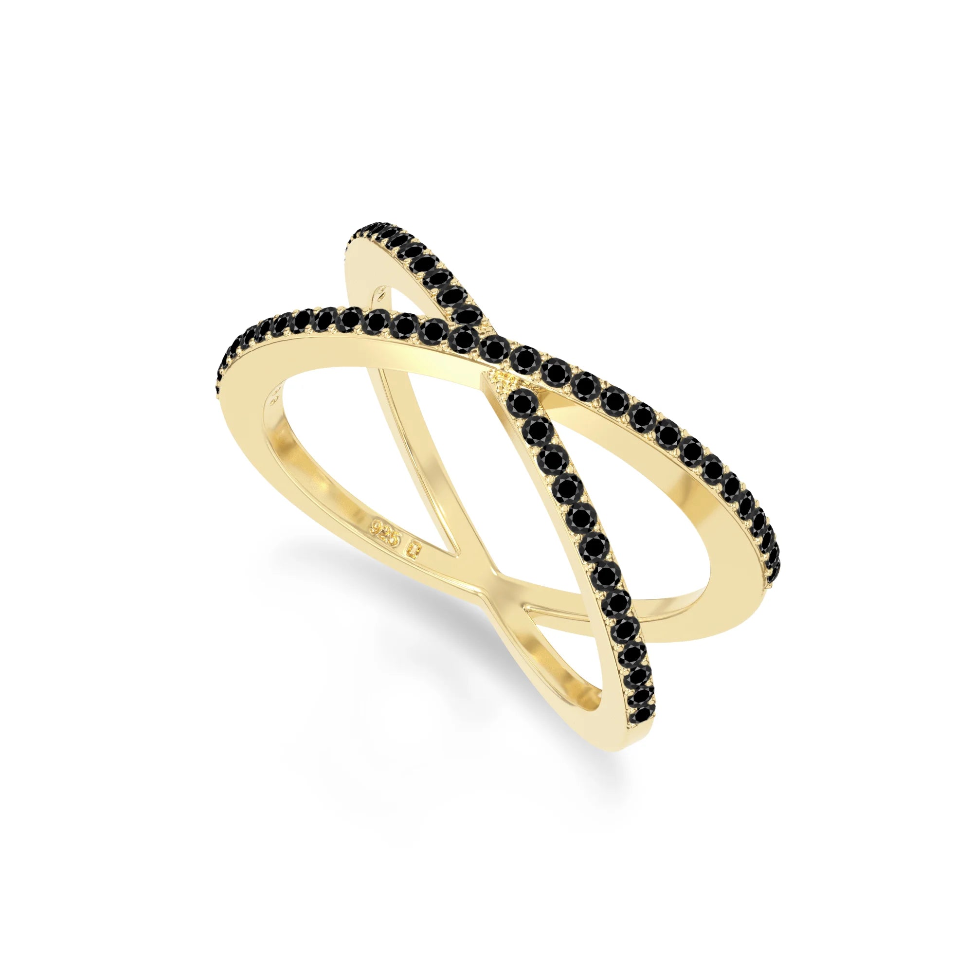 natural black onyx criss cross band rings in yellow gold vermeil
