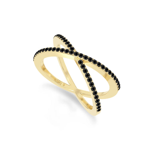 natural black onyx criss cross band rings in yellow gold vermeil
