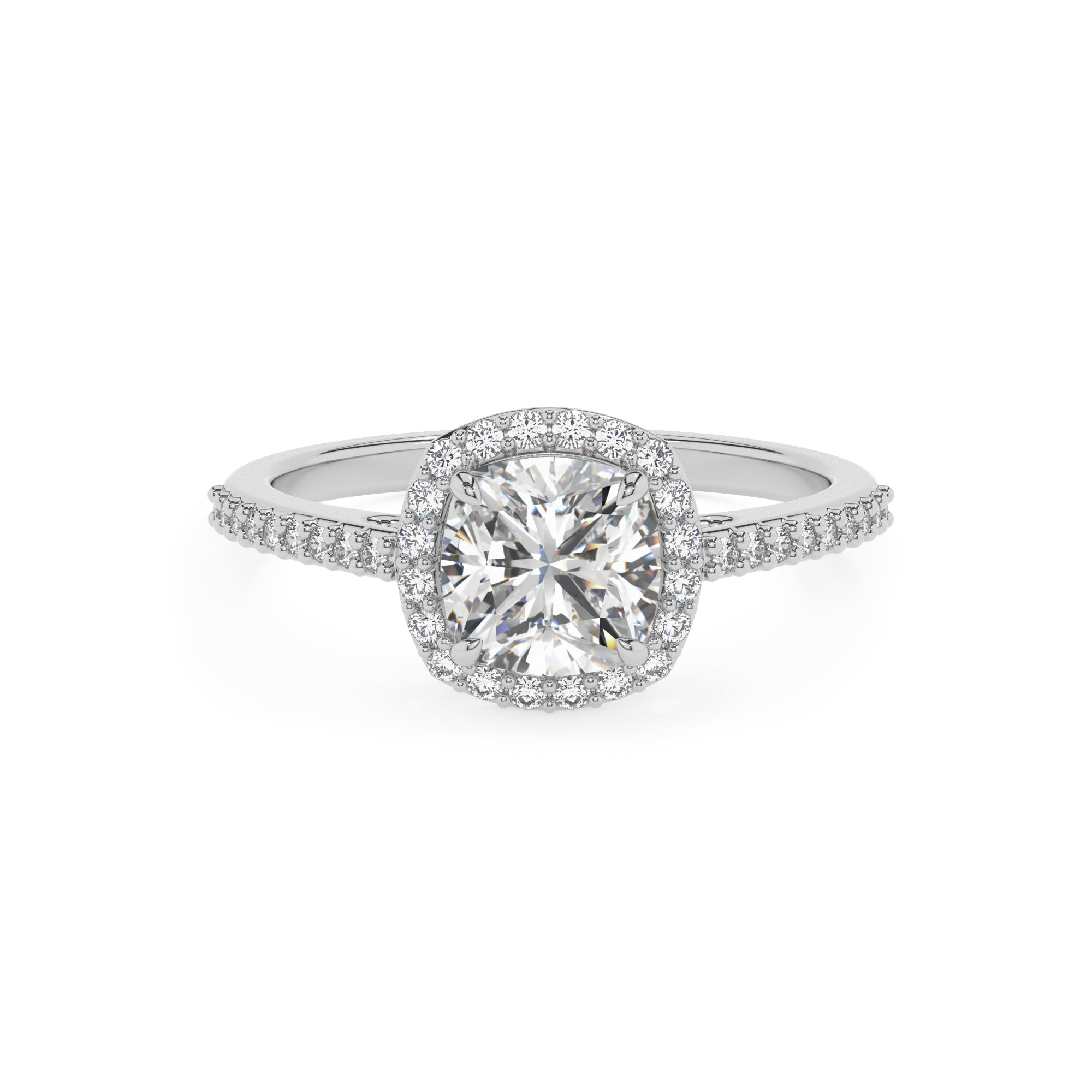 lab-grown moissanite cushion half eterity halo solitaire engagement ring