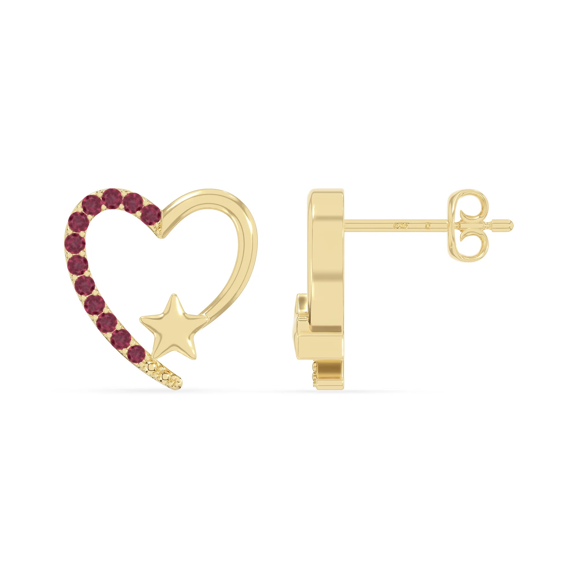 natural ruby heart-star stud earrings in yellow gold vermeil 
