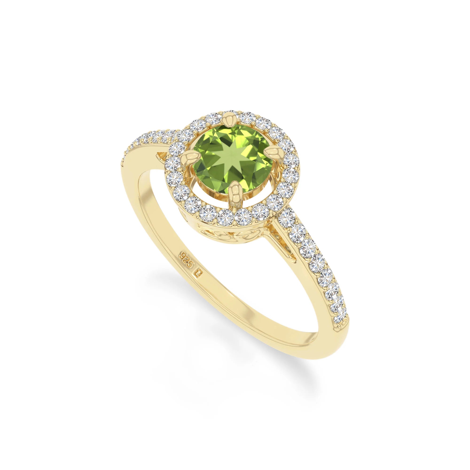 natural peridot solitaire halo engagement rings in yellow gold vermeil
