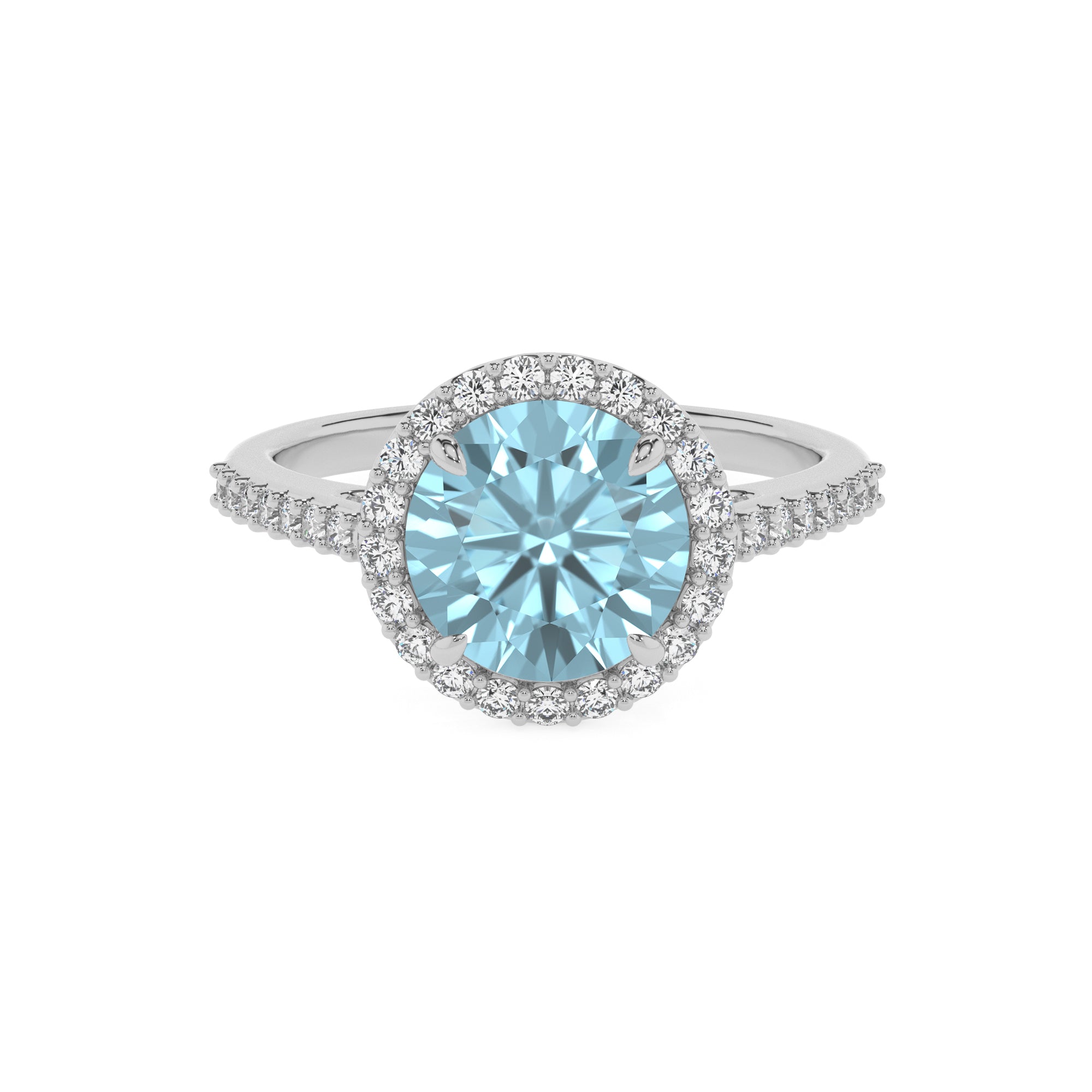 lab grown aquamarine round half eterity halo solitaire engagement ring