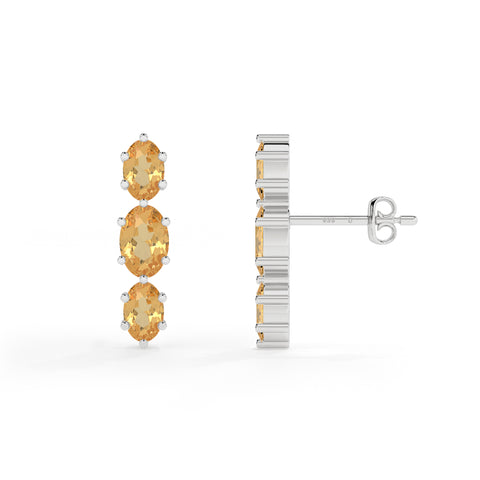 natural citrine oval shape 3 stone earrings