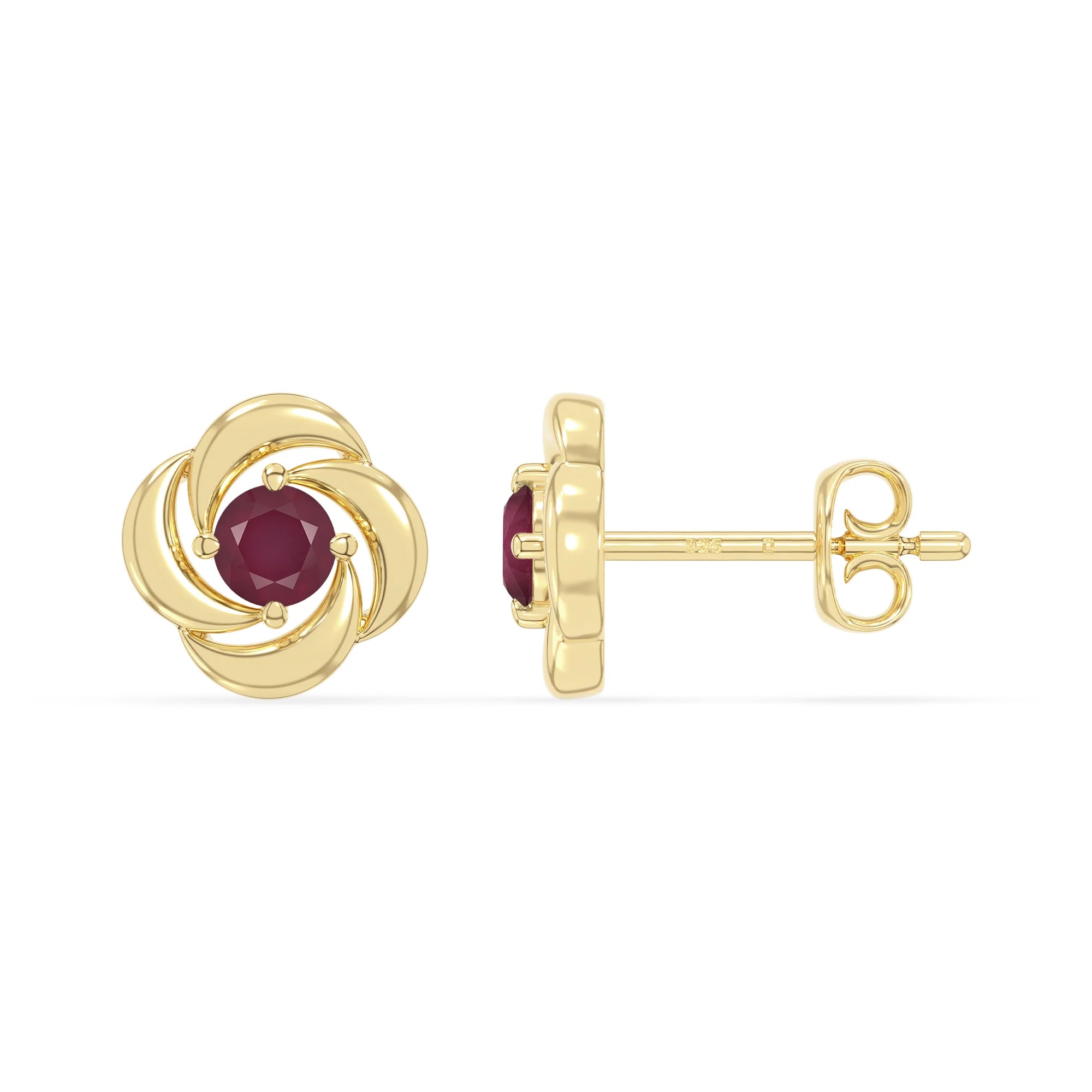 natural ruby flower stud earrings in yellow gold vermeil 