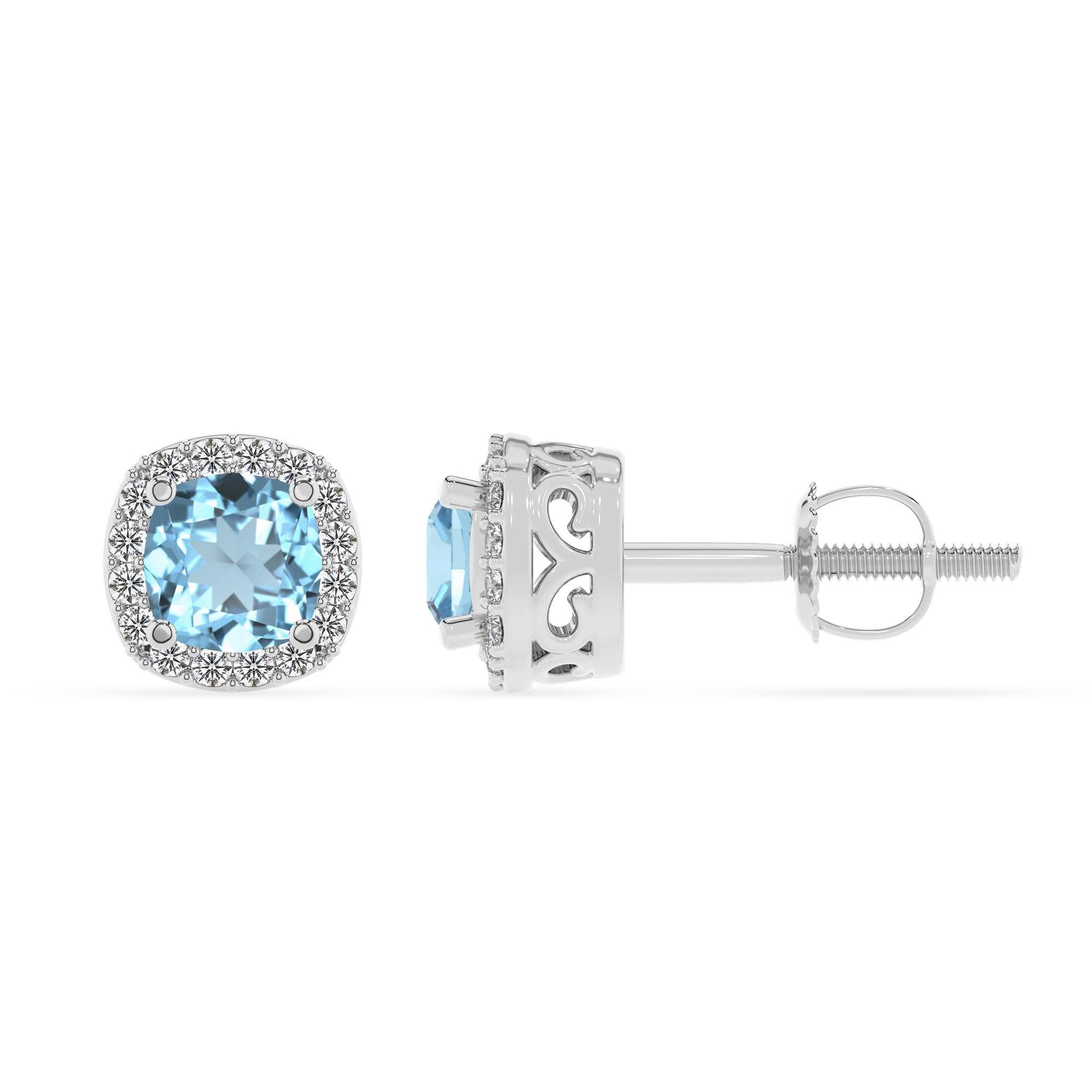 lab grown aquamarine cushion stud earrings with moissanite 