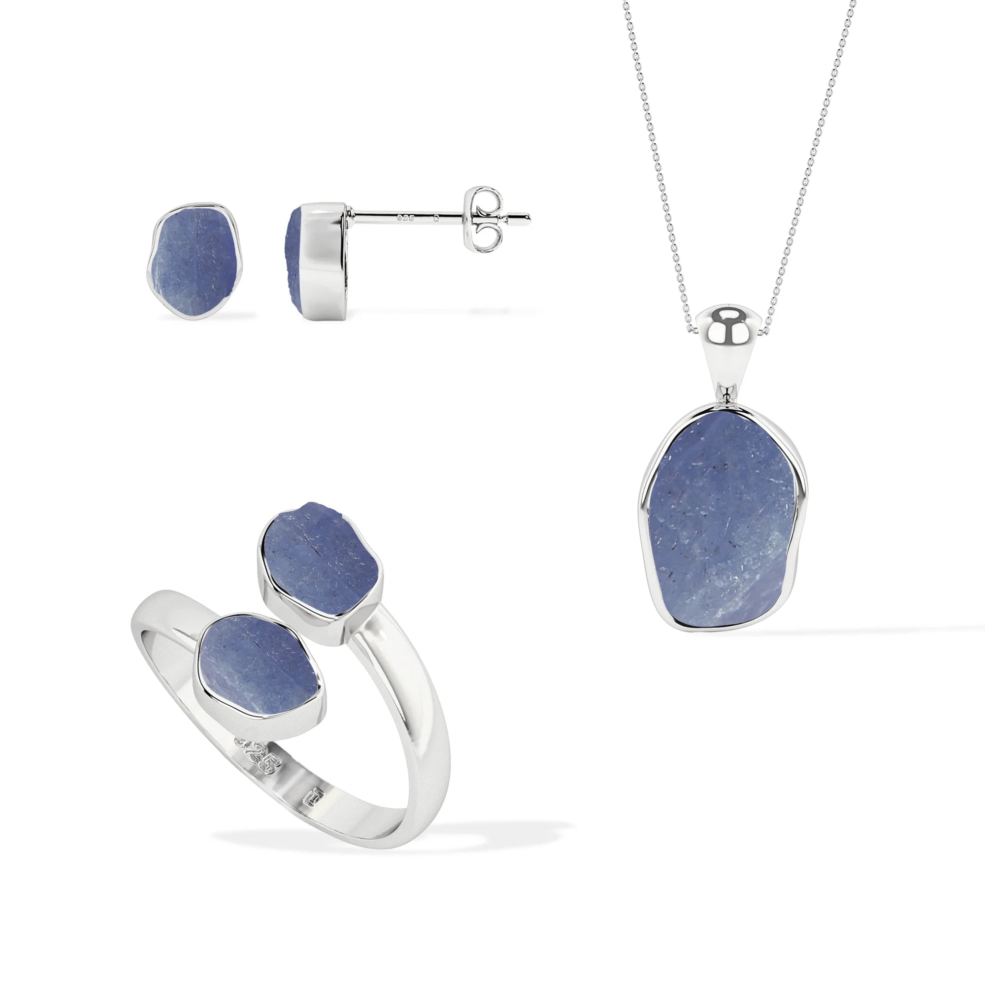 tanzanite rough shape stackable bezel Jewelry set