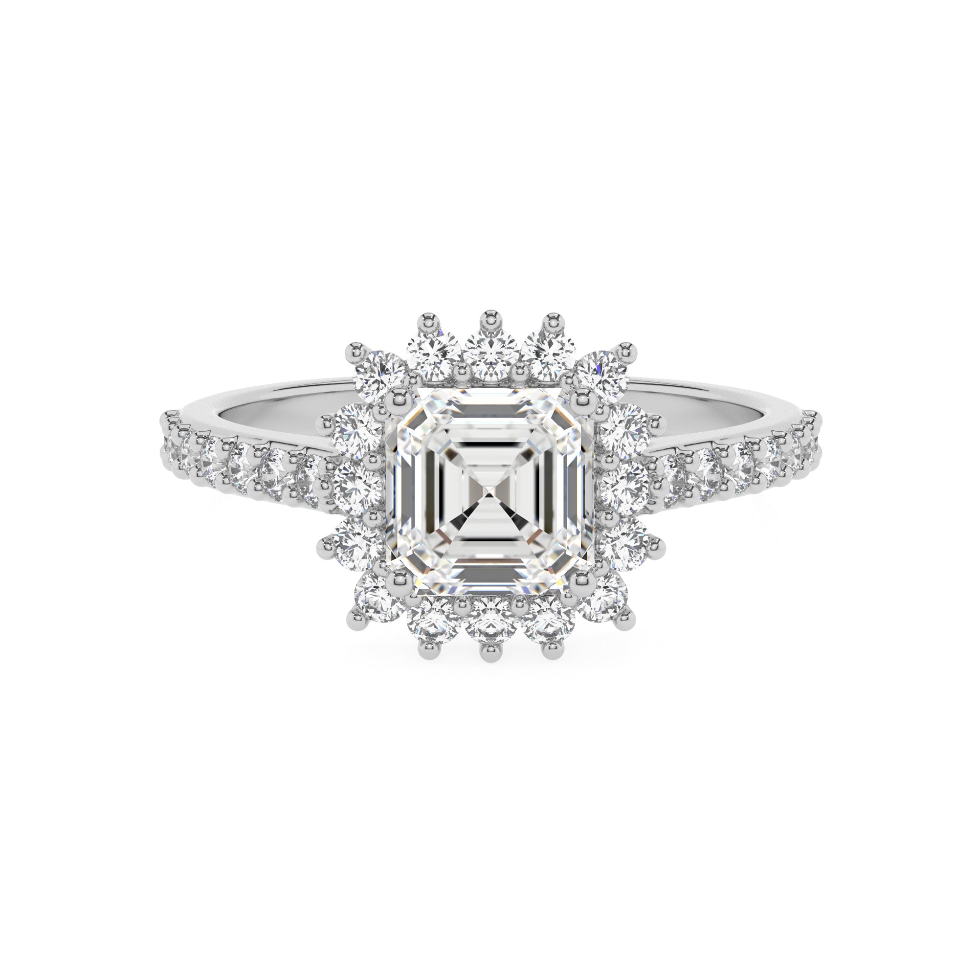 lab-grown moissanite asscher half eterity halo solitaire engagement ring