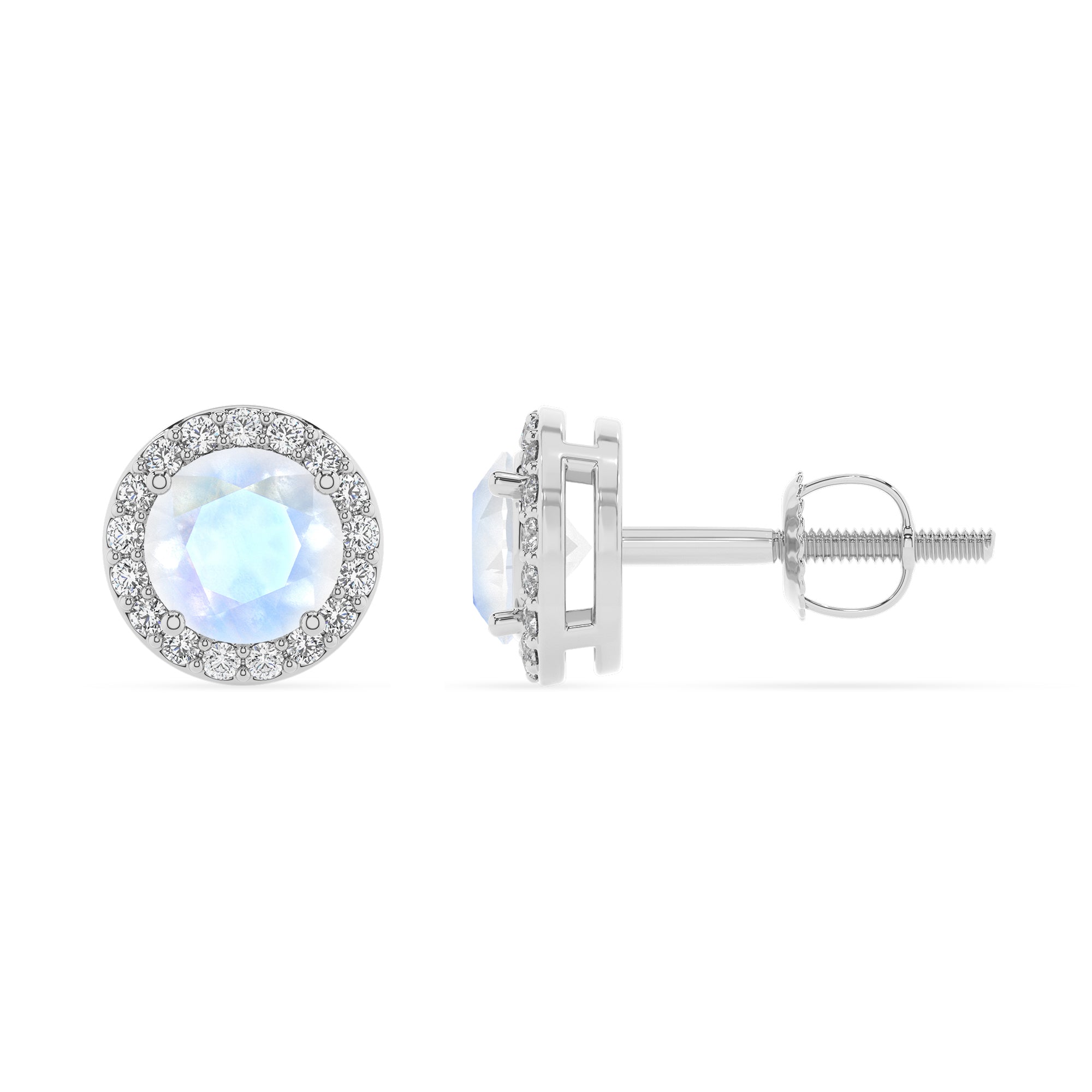 natural rainbow moonstone round stud earrings with moissanite 