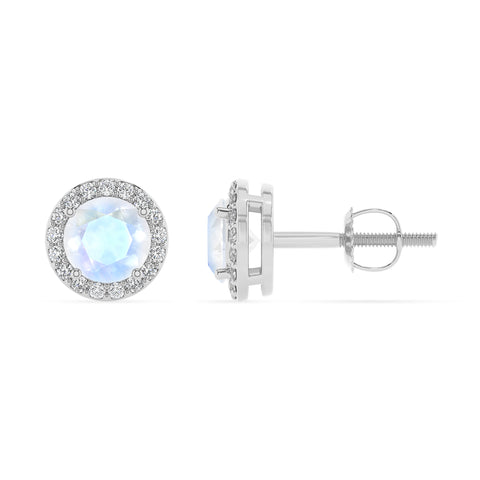 natural rainbow moonstone round stud earrings with moissanite 