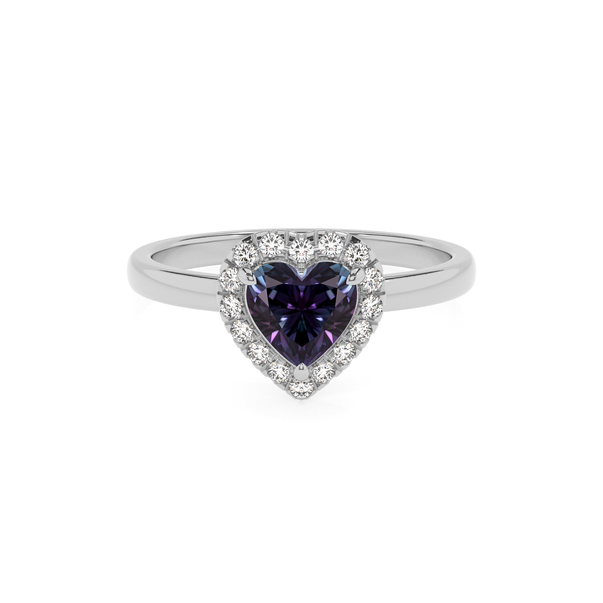 lab grown alexandrite heart halo solitaire engagement ring