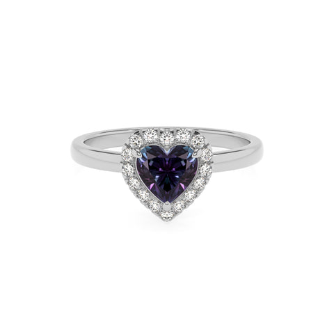 lab grown alexandrite heart halo solitaire engagement ring