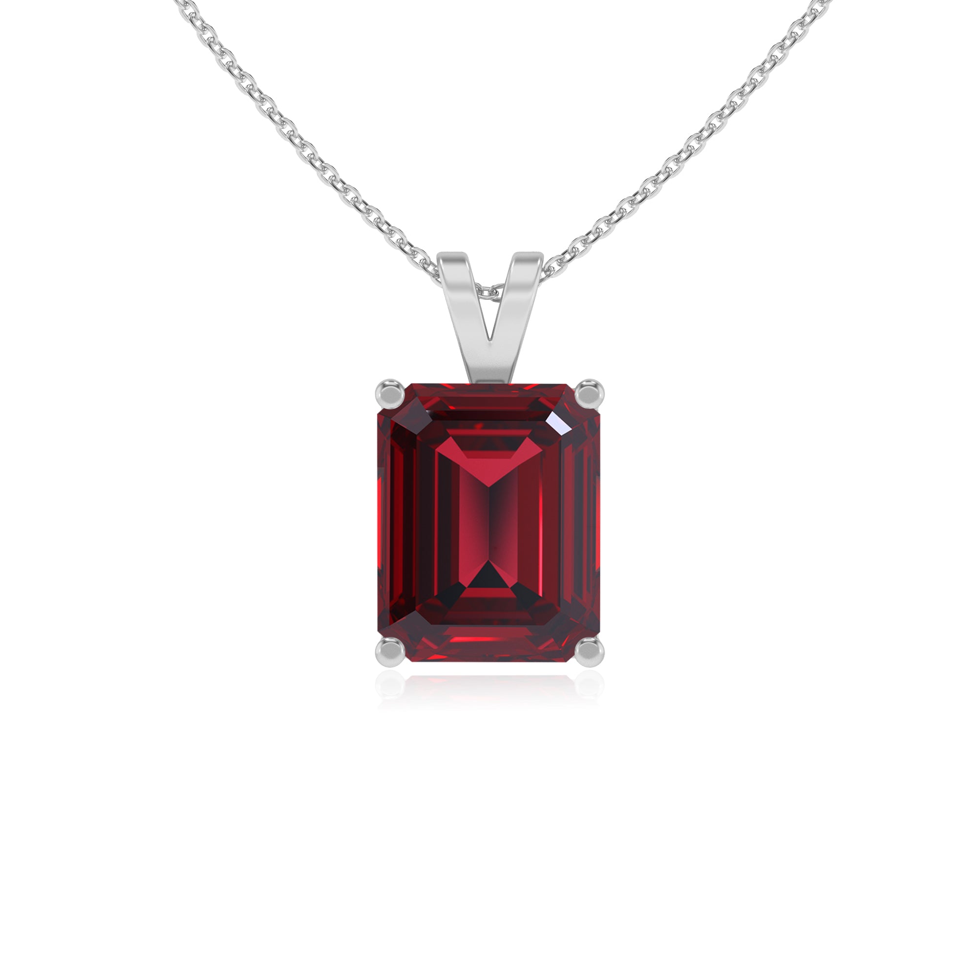 lab grown ruby emerald-cut shape solitaire v-bale pendant necklace