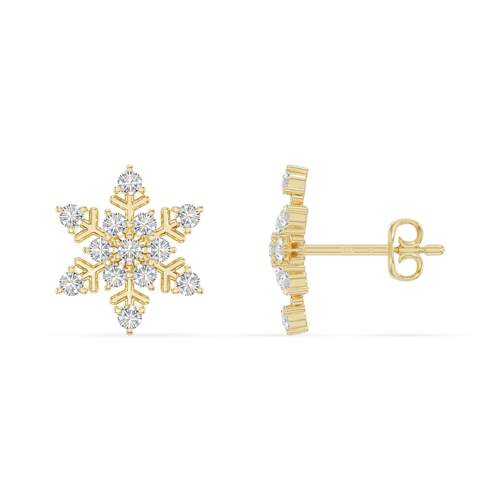 moissanite snowflake stud earrings in yellow gold vermeil 