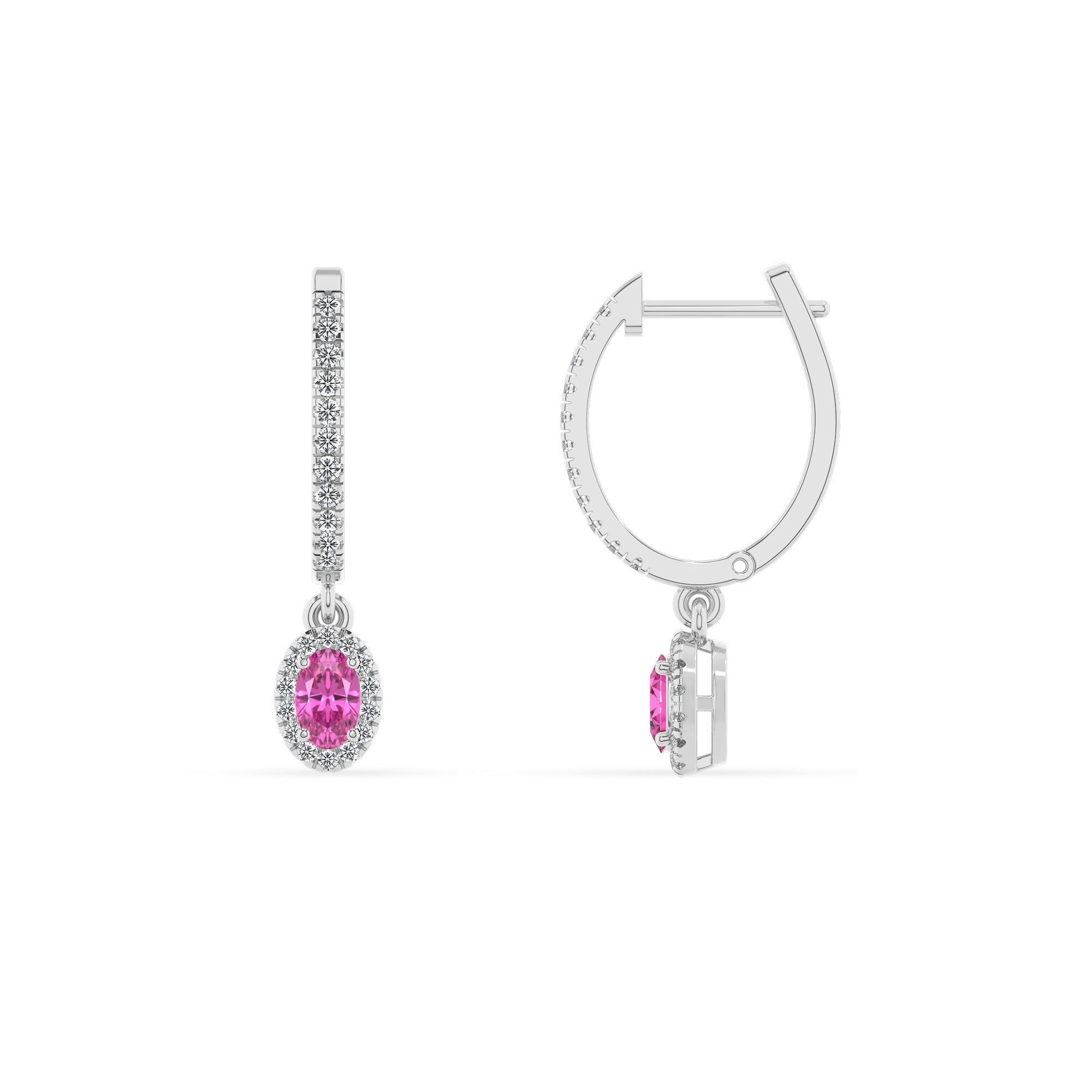 lab grown pink sapphire oval double halo earrings with moissanite 