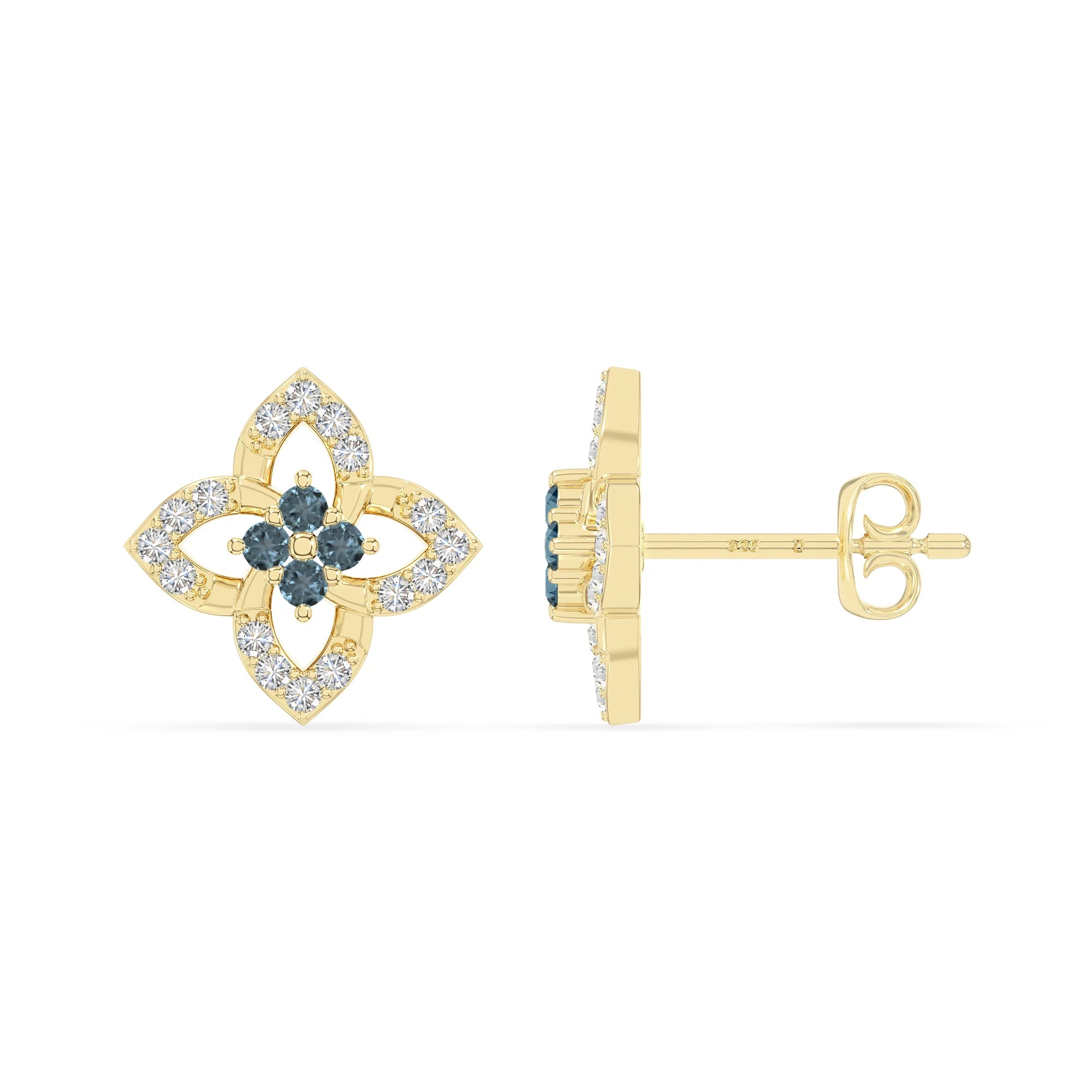 natural london-blue-topaz 4 petal flower stud earrings in yellow gold vermeil 
