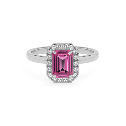 lab-grown pink-sapphire emerald halo solitaire engagement ring